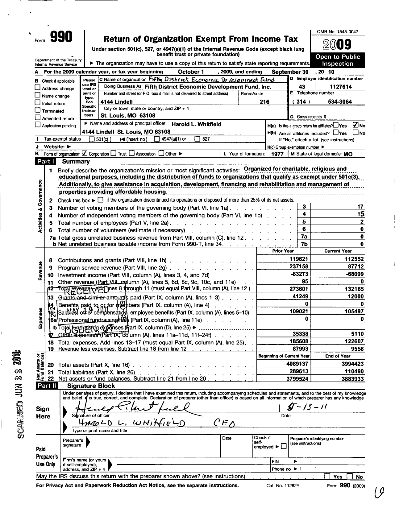 Image of first page of 2009 Form 990O for Fifth District Economic Development Fund