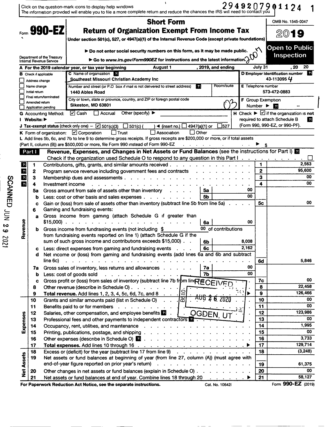 Image of first page of 2019 Form 990EZ for Southeast Missouri Christian Academy