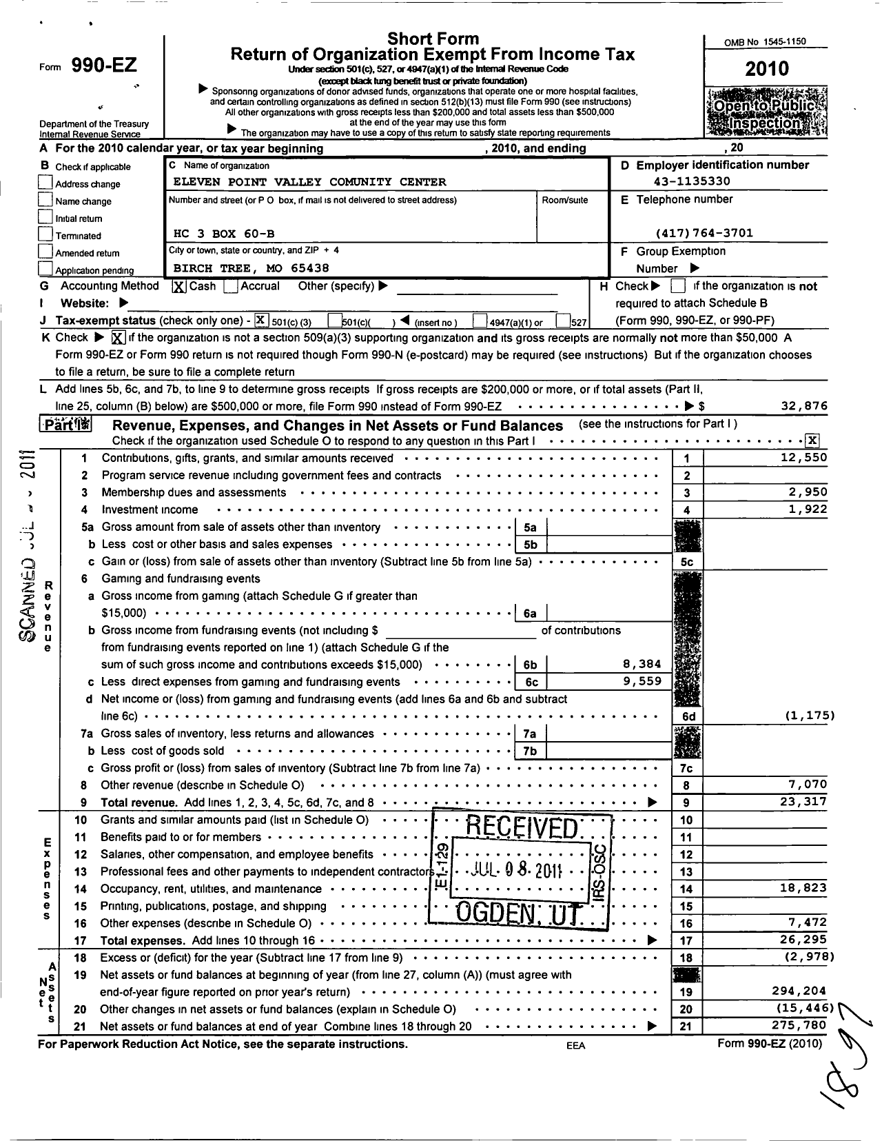 Image of first page of 2010 Form 990EZ for Eleven Point Valley Community Center