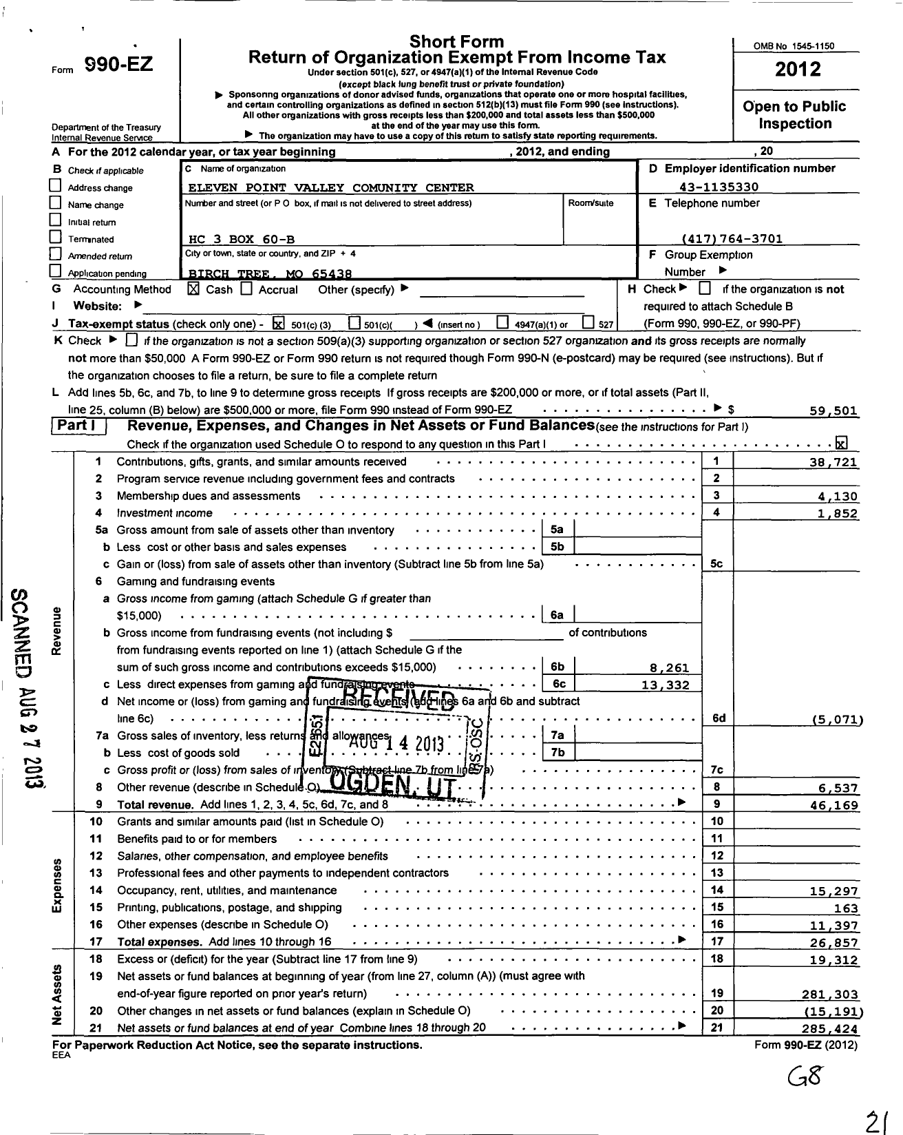 Image of first page of 2012 Form 990EZ for Eleven Point Valley Community Center