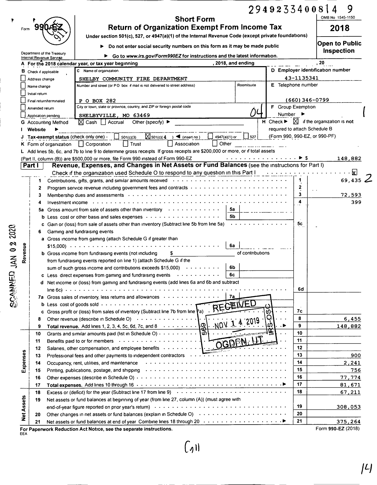 Image of first page of 2018 Form 990EO for Shelby Community Fire Department