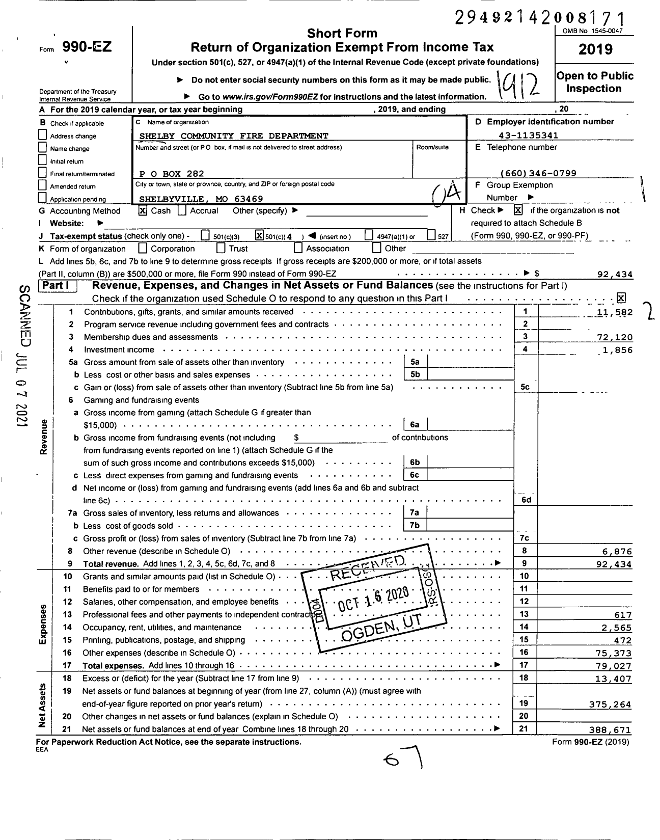 Image of first page of 2019 Form 990EO for Shelby Community Fire Department