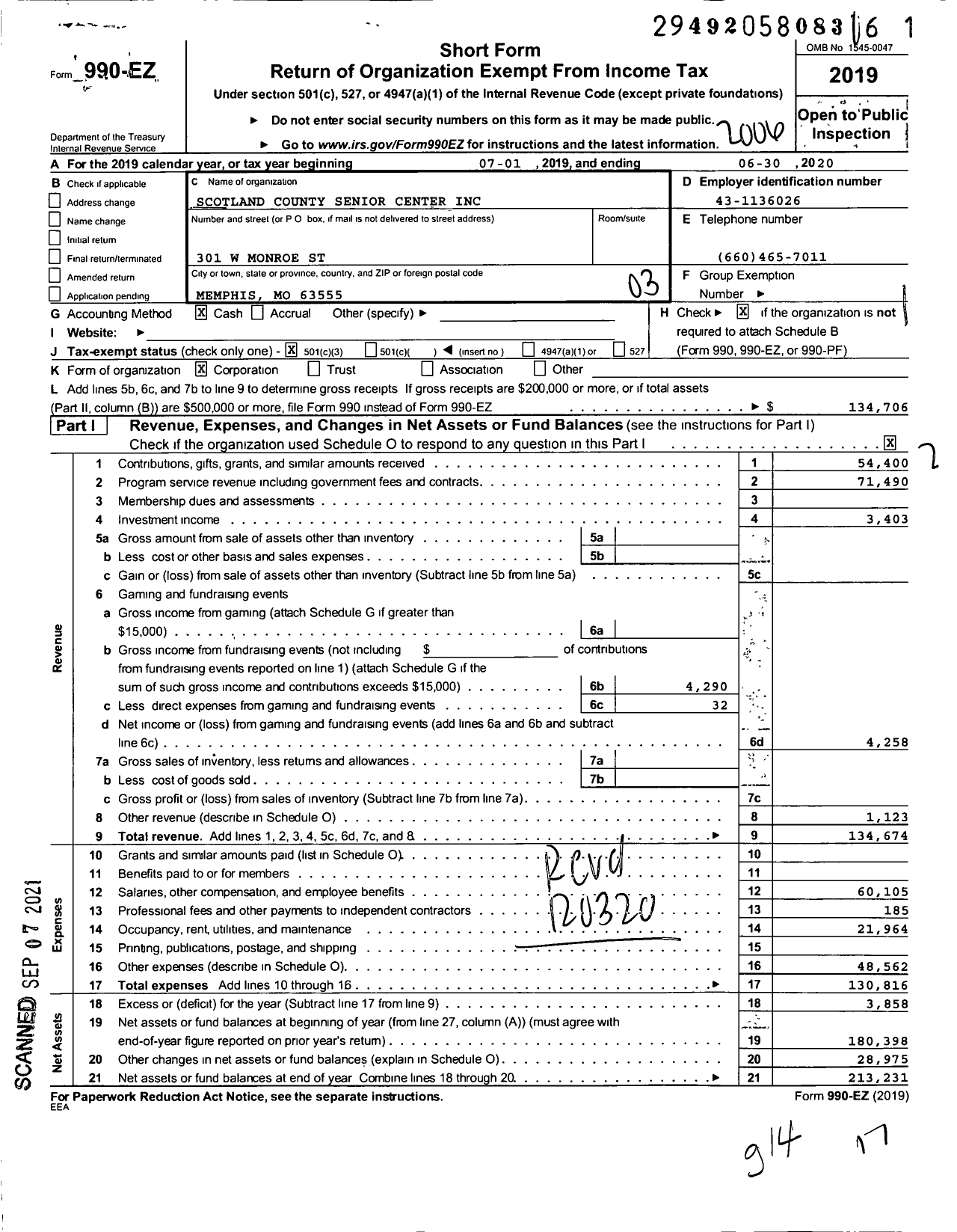 Image of first page of 2019 Form 990EZ for Scotland County Senior Center