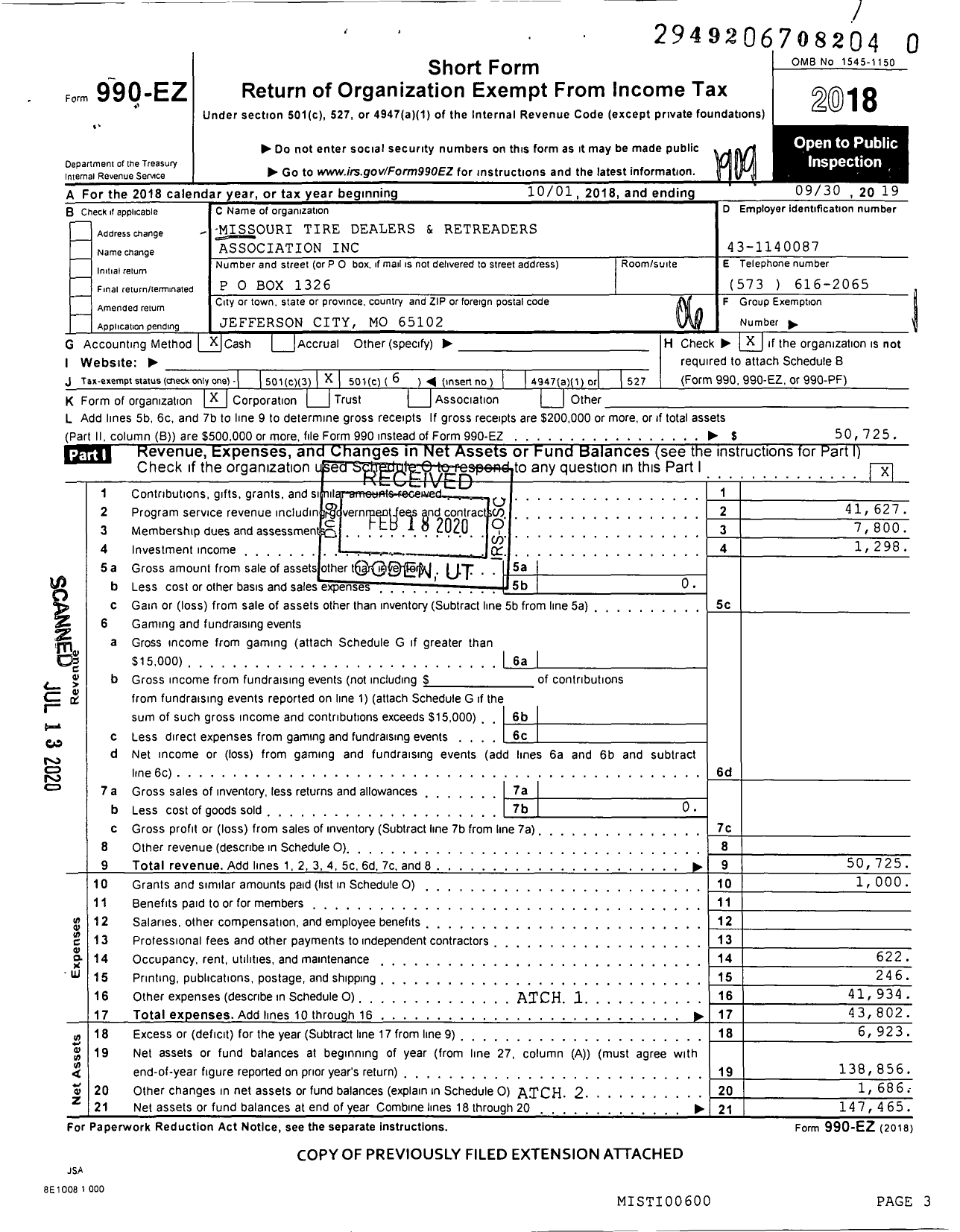 Image of first page of 2018 Form 990EO for Missouri Tire Dealers and Retreaders Association