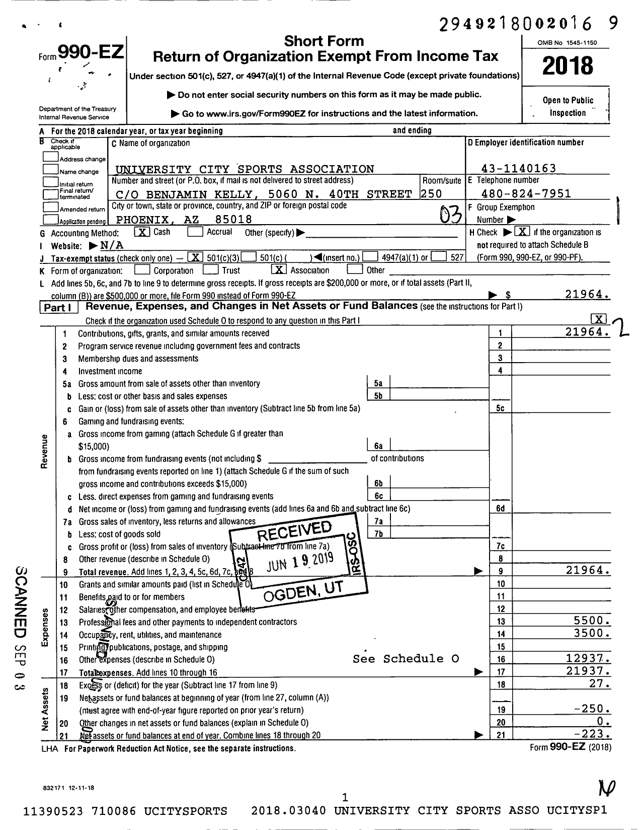 Image of first page of 2018 Form 990EZ for University City Sports Association