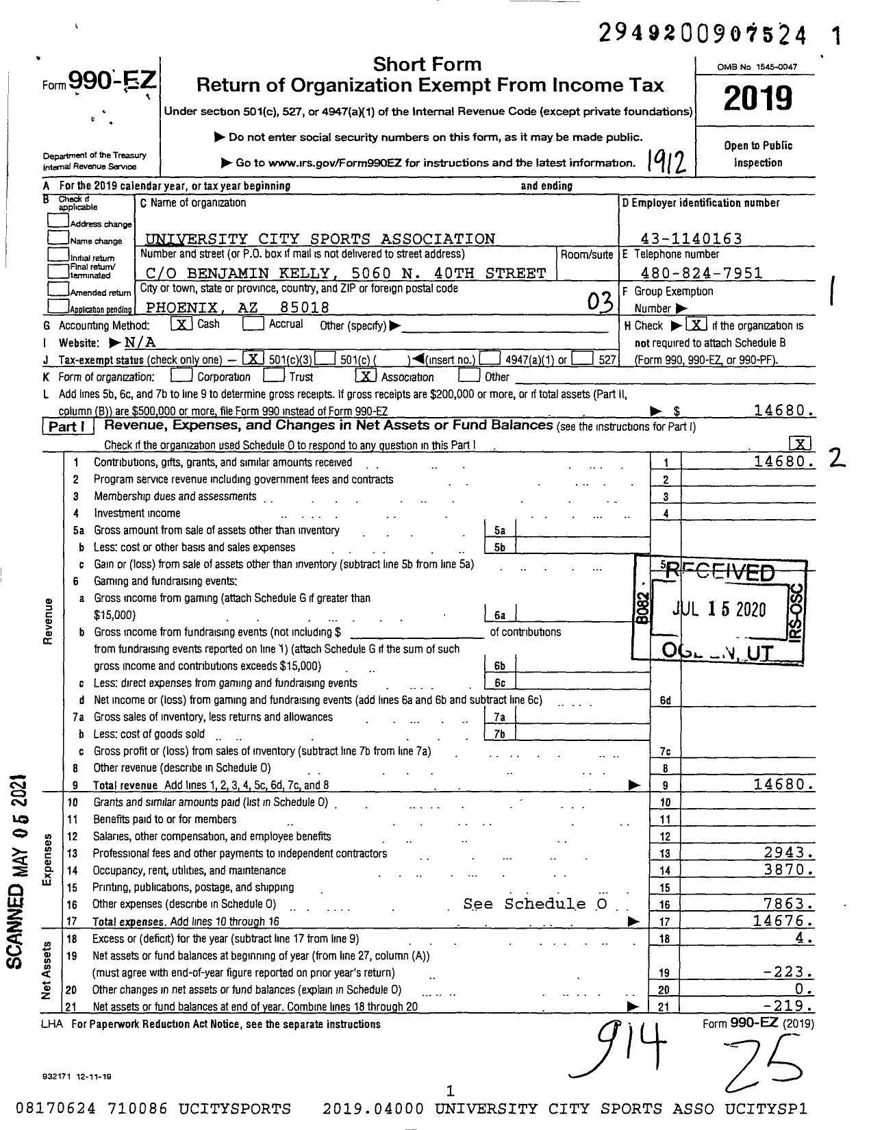 Image of first page of 2019 Form 990EZ for University City Sports Association