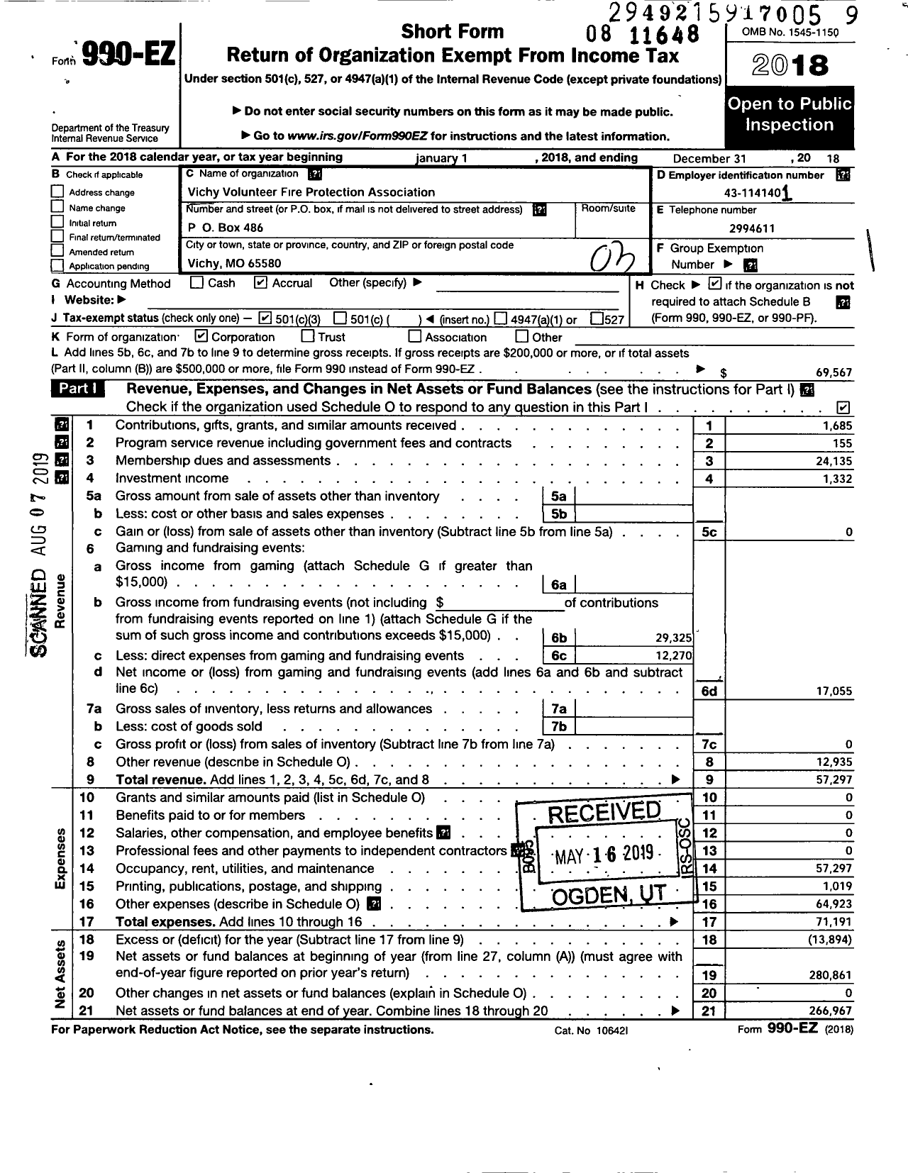 Image of first page of 2018 Form 990EZ for Vichy Volunteer Fire Protection