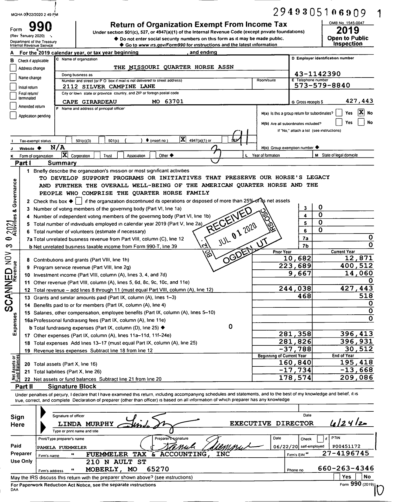 Image of first page of 2019 Form 990O for The Missouri Quarter Horse Association