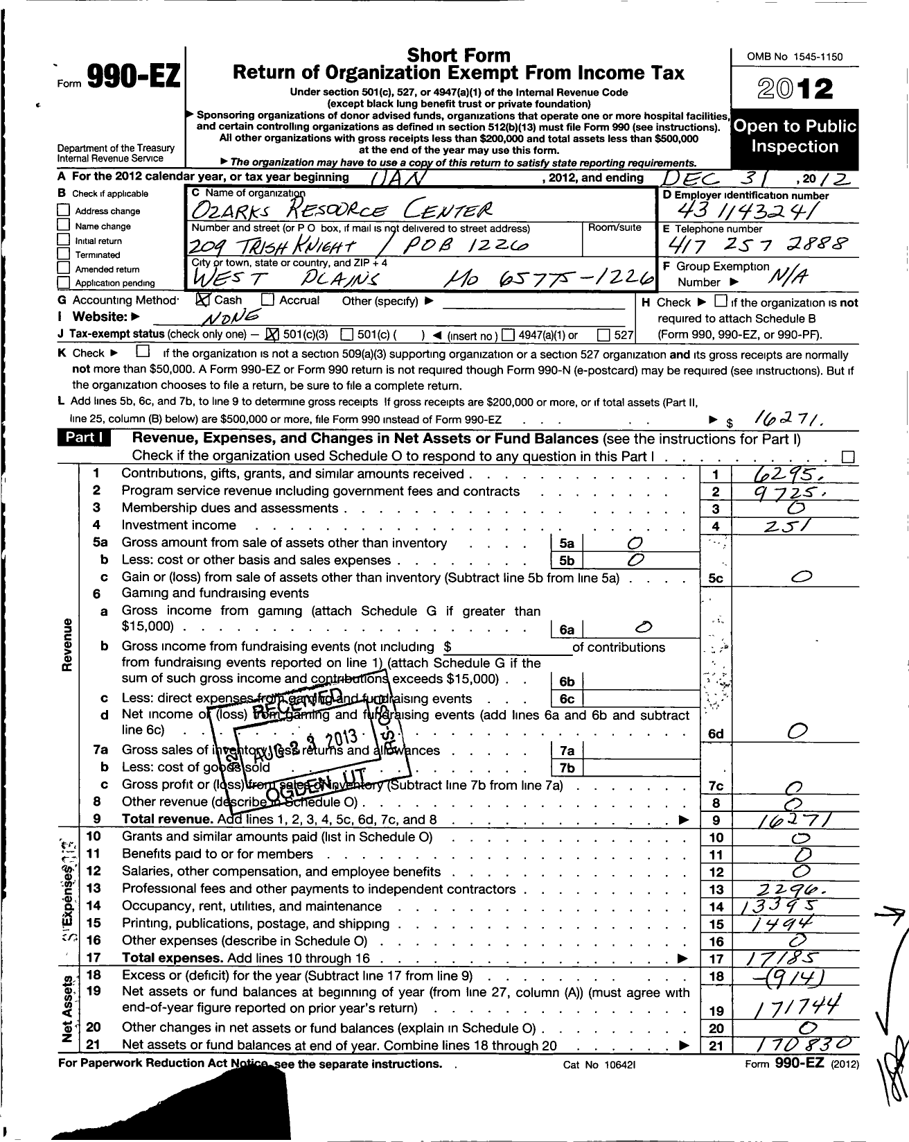 Image of first page of 2012 Form 990EZ for Ozarks Resource Center