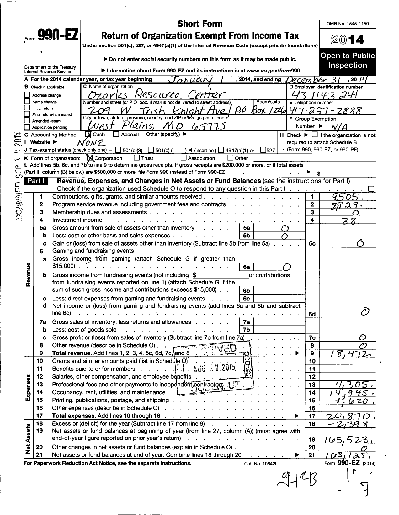 Image of first page of 2014 Form 990EO for Ozarks Resource Center