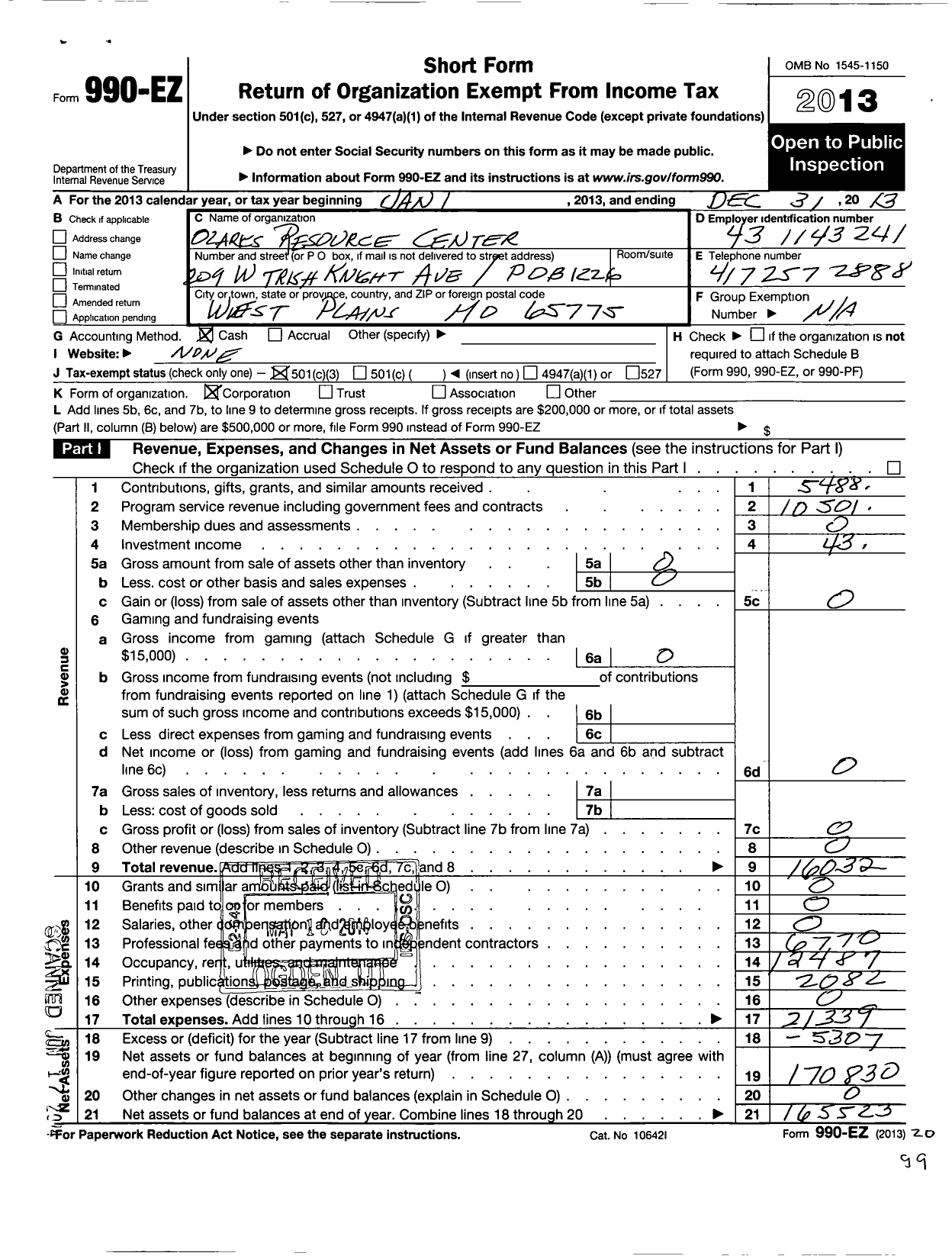 Image of first page of 2013 Form 990EZ for Ozarks Resource Center