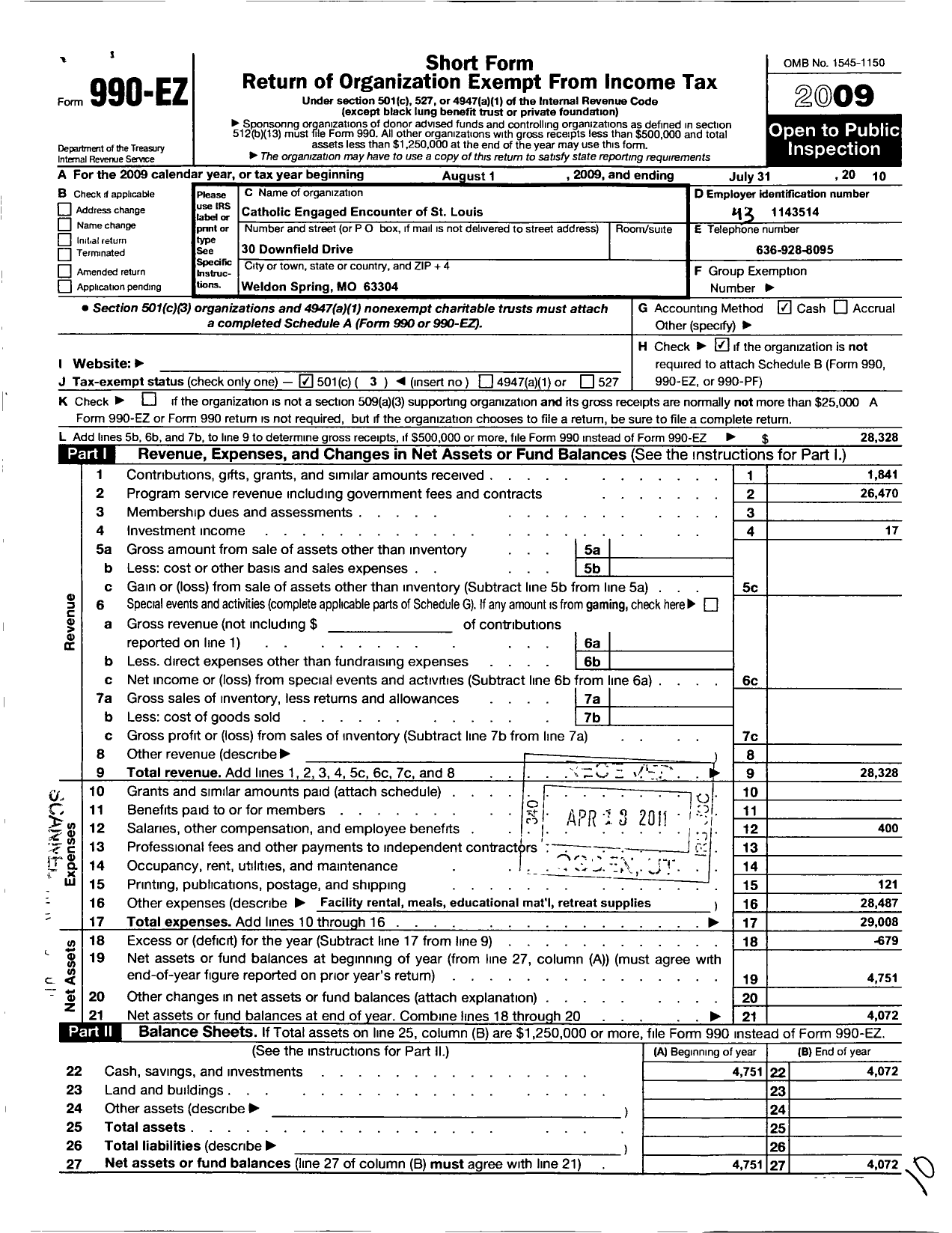 Image of first page of 2009 Form 990EZ for Catholic Engaged Encounter of St Louis