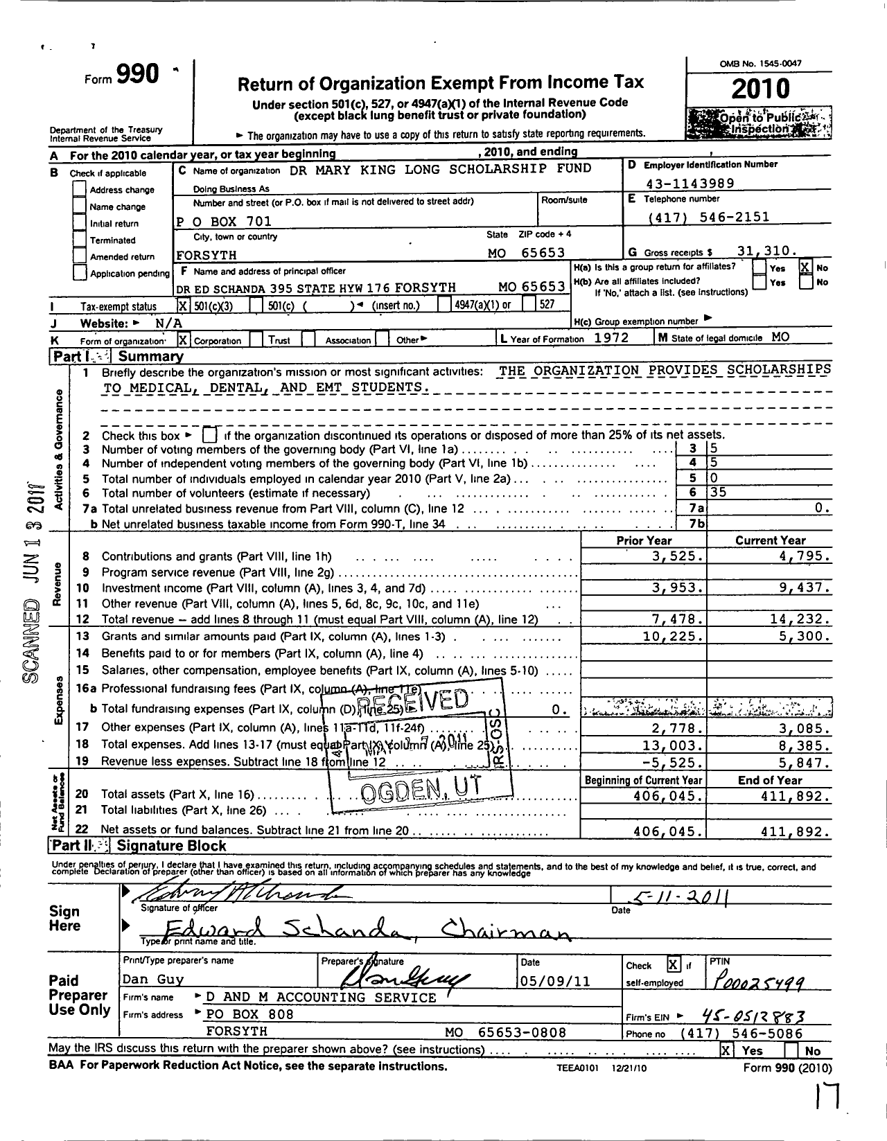 Image of first page of 2010 Form 990 for Dr Mary King Long Scholarship Fund