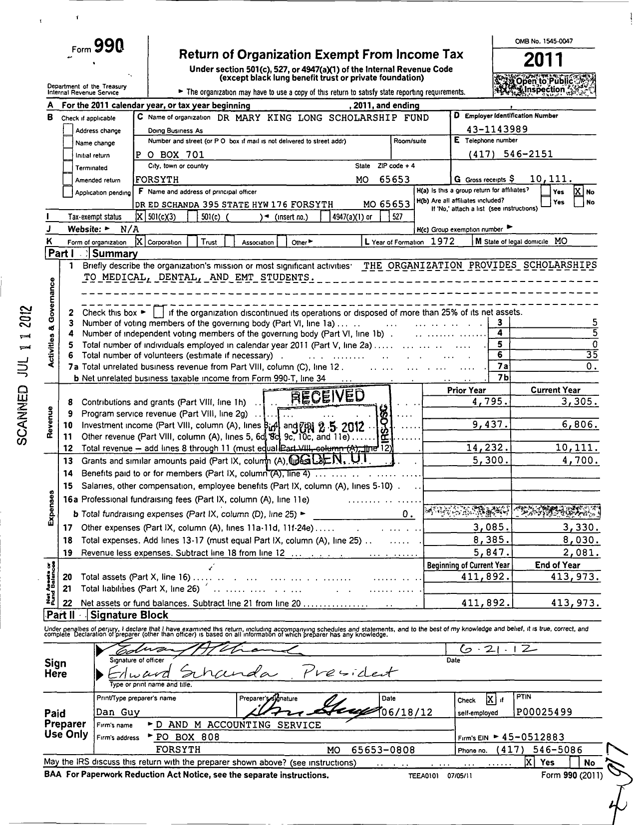 Image of first page of 2011 Form 990 for Dr Mary King Long Scholarship Fund