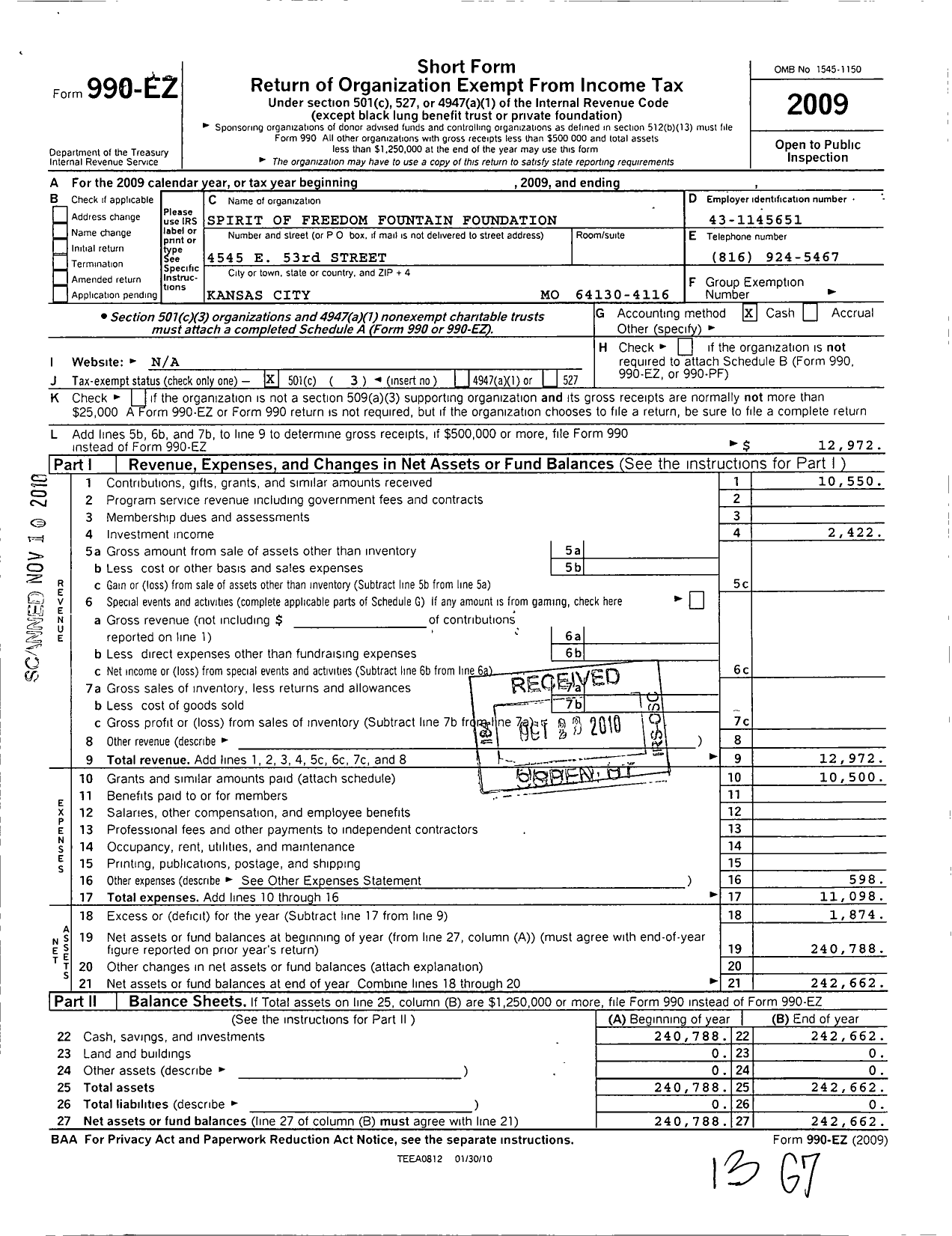 Image of first page of 2009 Form 990EZ for Spirit of Freedom Foundation