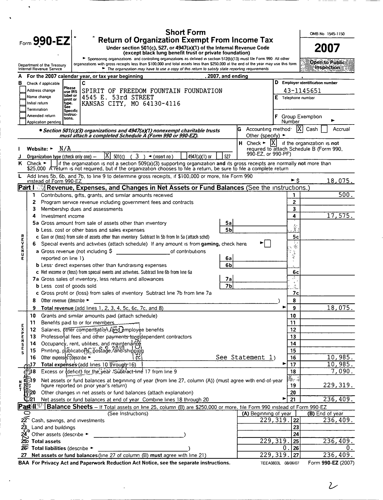 Image of first page of 2007 Form 990EZ for Spirit of Freedom Foundation