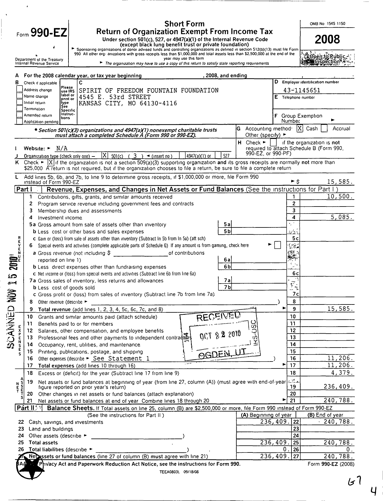 Image of first page of 2008 Form 990EZ for Spirit of Freedom Foundation