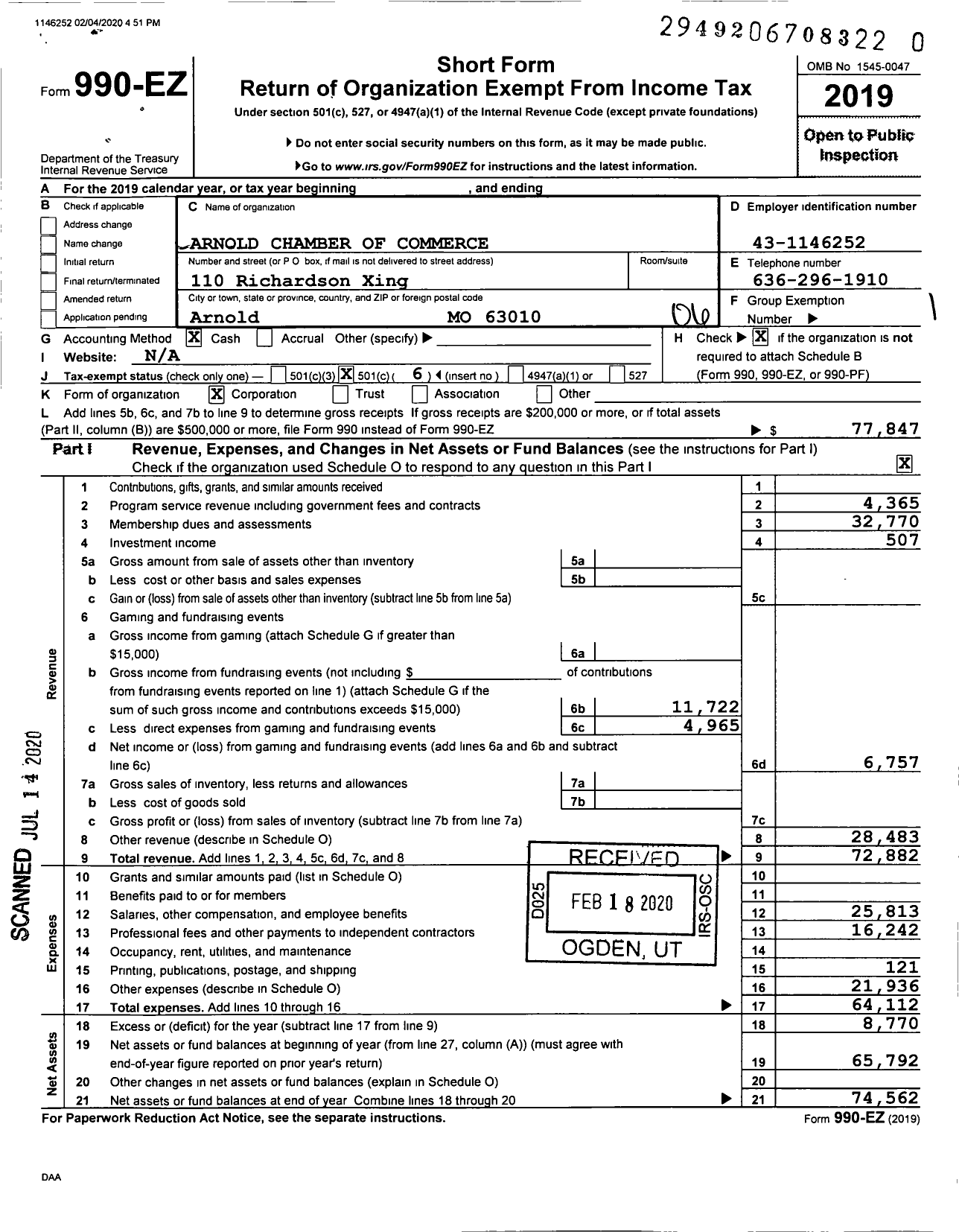 Image of first page of 2019 Form 990EO for Arnold Chamber of Commerce