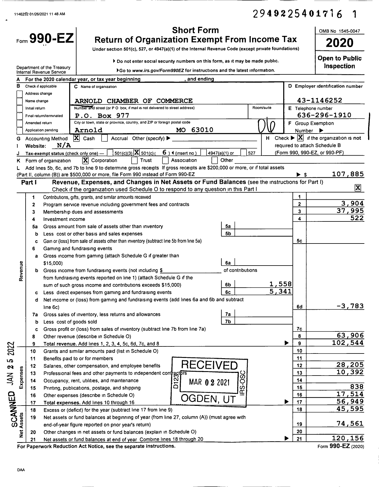 Image of first page of 2020 Form 990EO for Arnold Chamber of Commerce