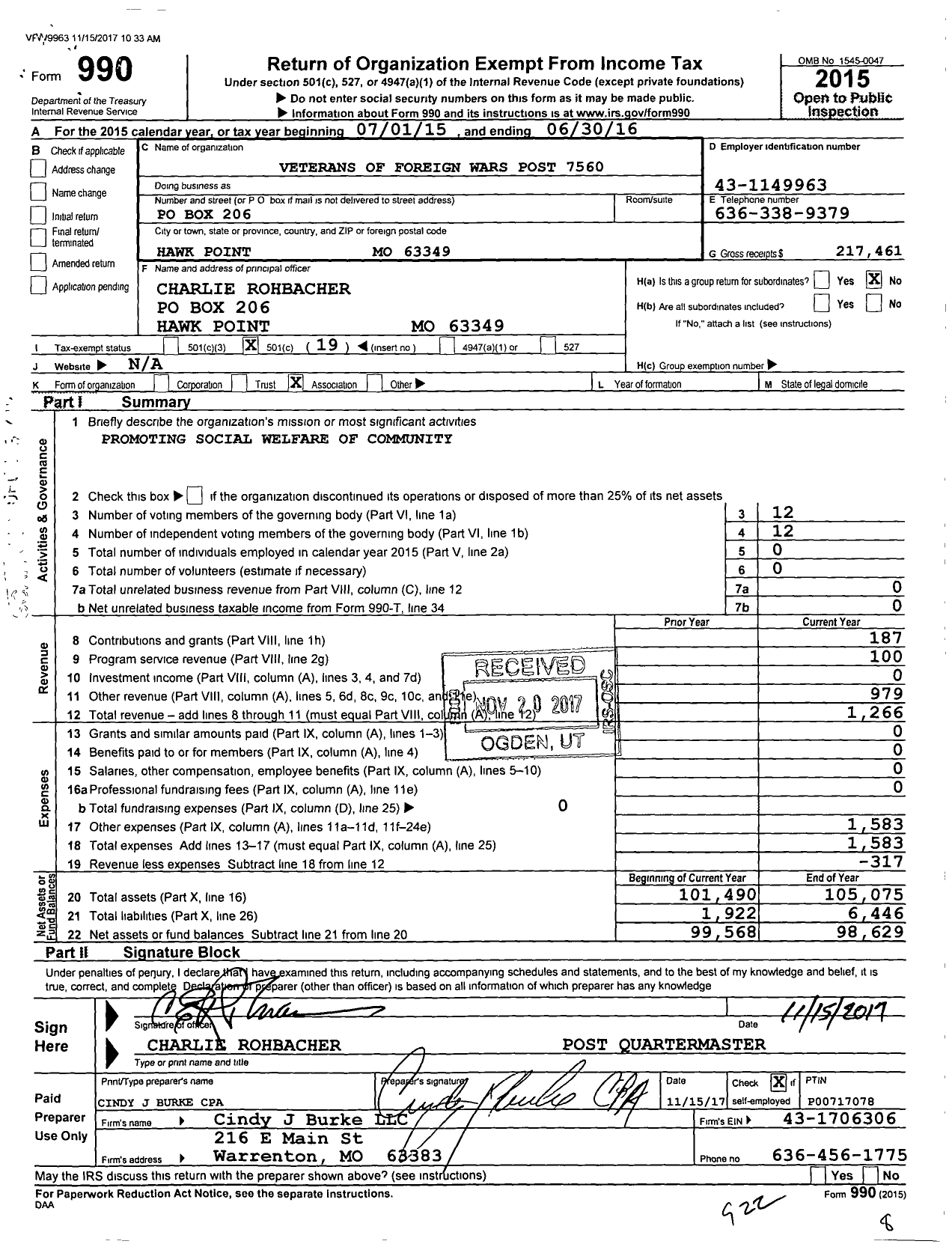 Image of first page of 2015 Form 990O for VFW Missouri - 7560 VFW Post