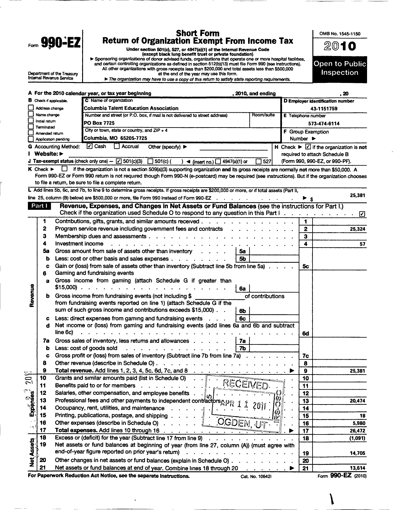 Image of first page of 2010 Form 990EZ for Columbia Talent Education Association