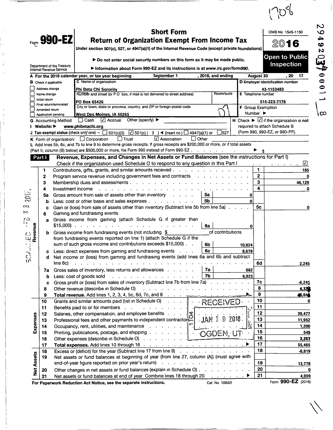 Image of first page of 2016 Form 990EO for Phi Beta Chi Sorority