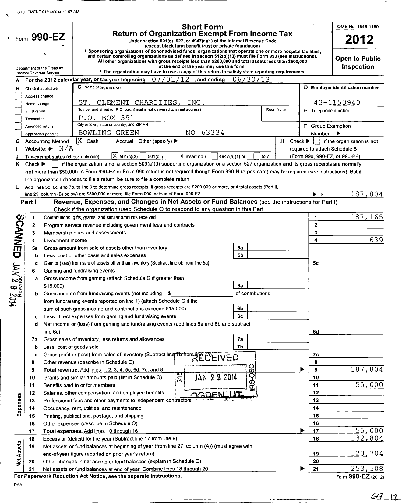 Image of first page of 2012 Form 990EZ for Saint Clement Charities