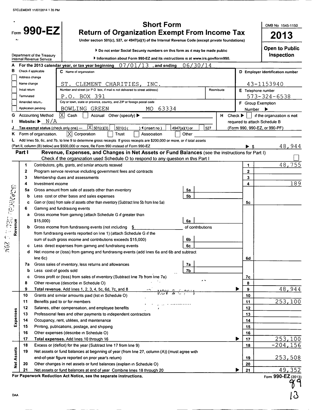 Image of first page of 2013 Form 990EZ for Saint Clement Charities