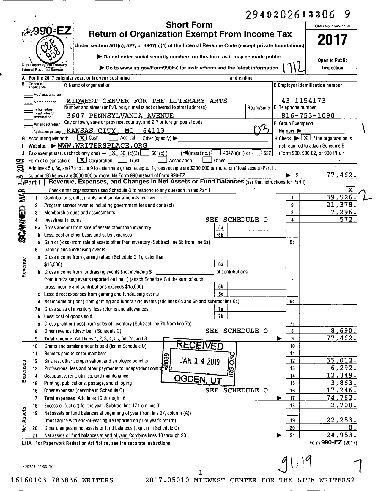 Image of first page of 2017 Form 990EZ for Midwest Center for the Literary Arts