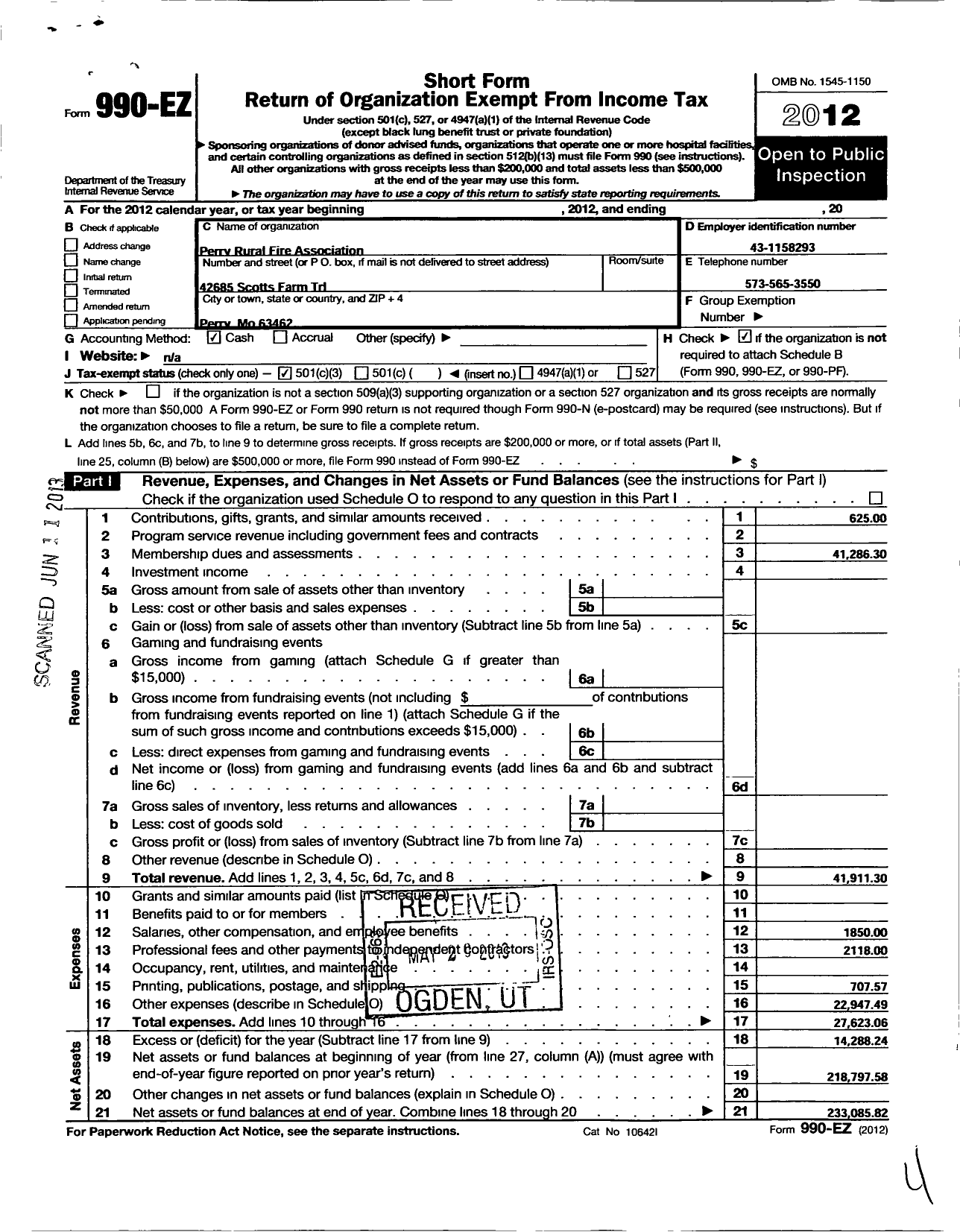 Image of first page of 2012 Form 990EZ for Perry Rural Fire Association