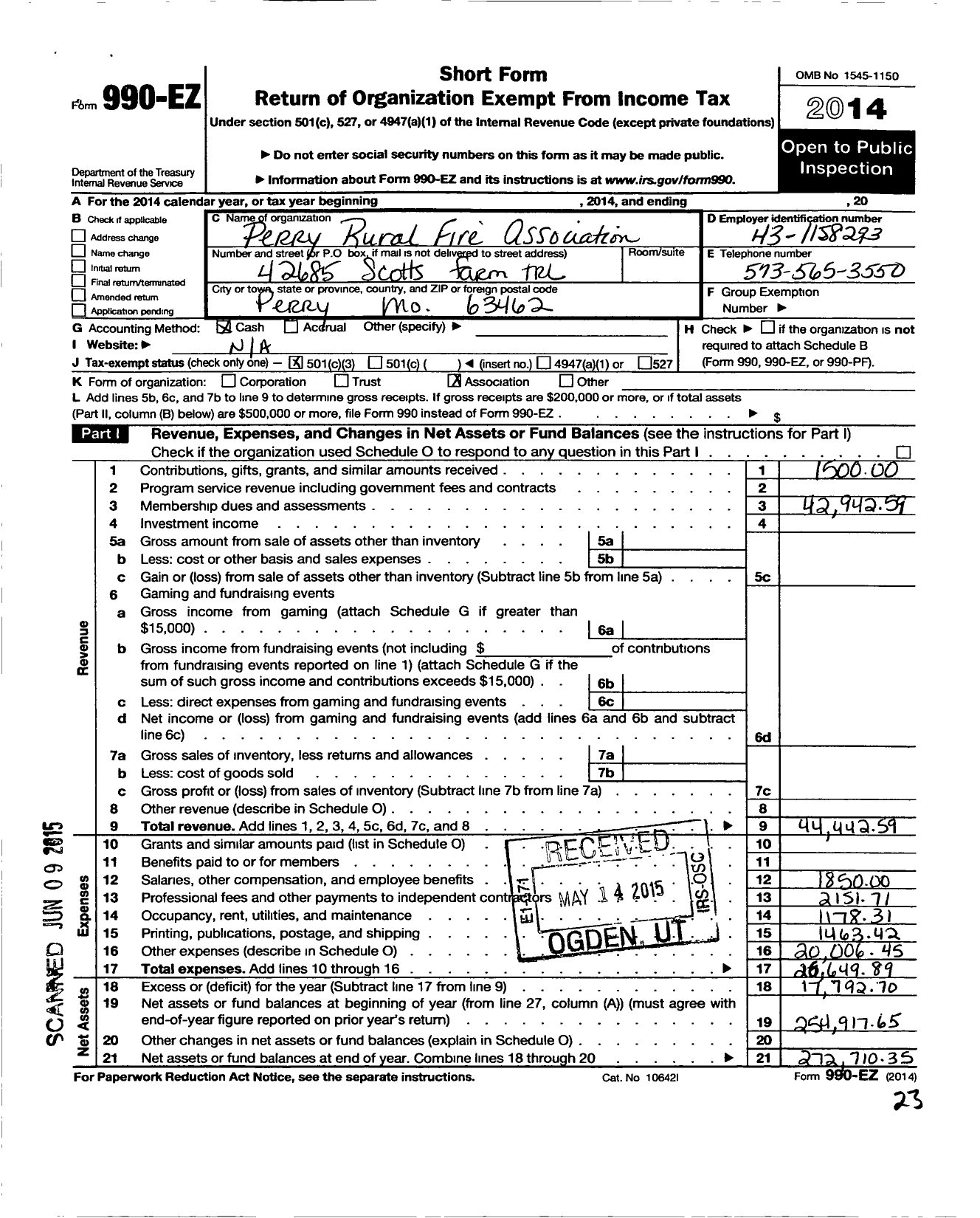 Image of first page of 2014 Form 990EZ for Perry Rural Fire Association