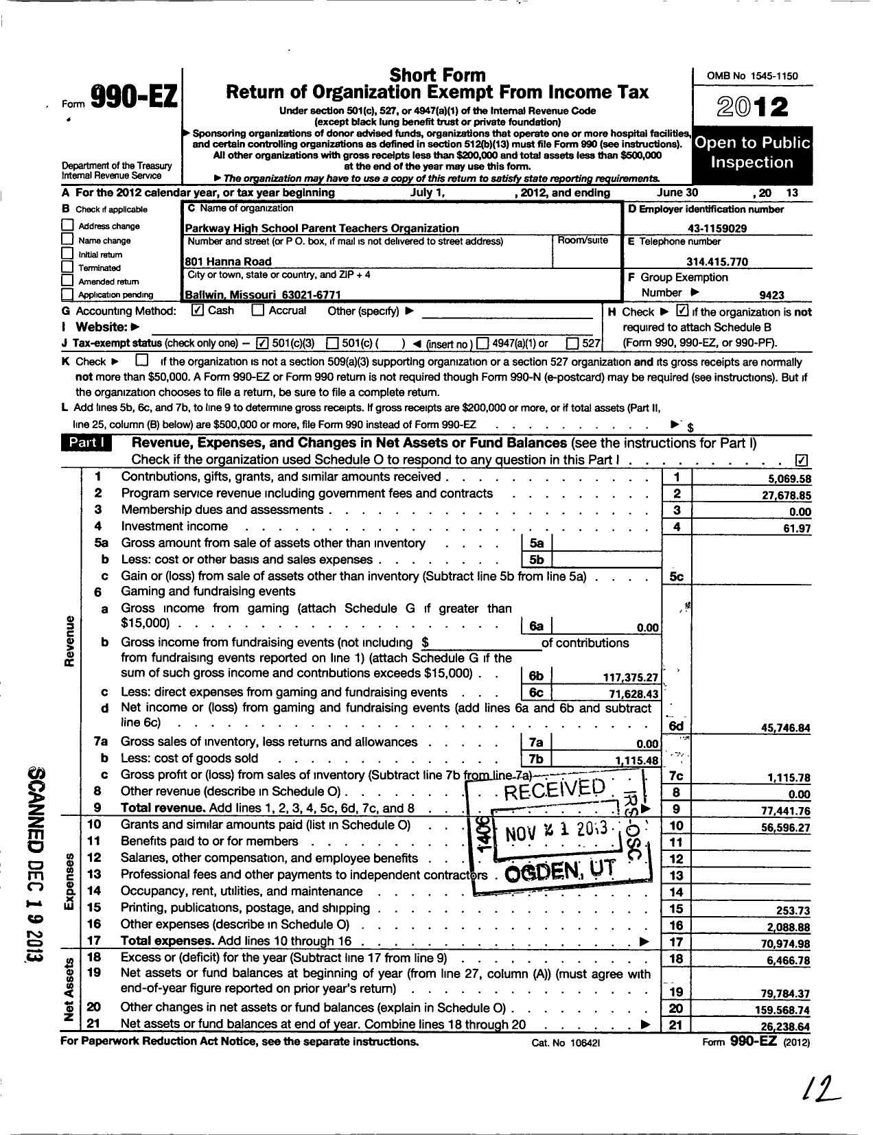 Image of first page of 2012 Form 990EZ for Parkway South High School Parent Teachers Organization