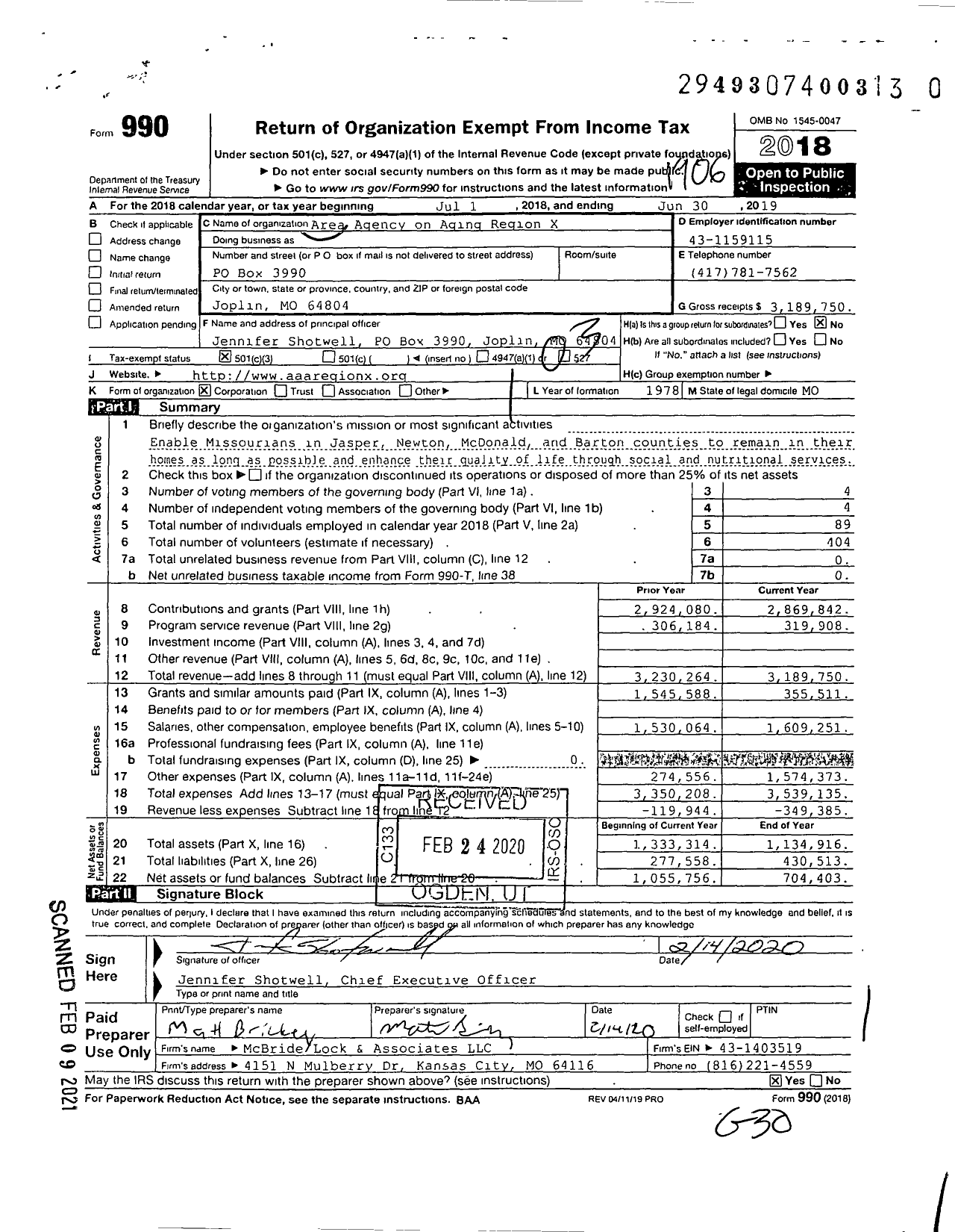 Image of first page of 2018 Form 990 for Area Agency on Aging Region X