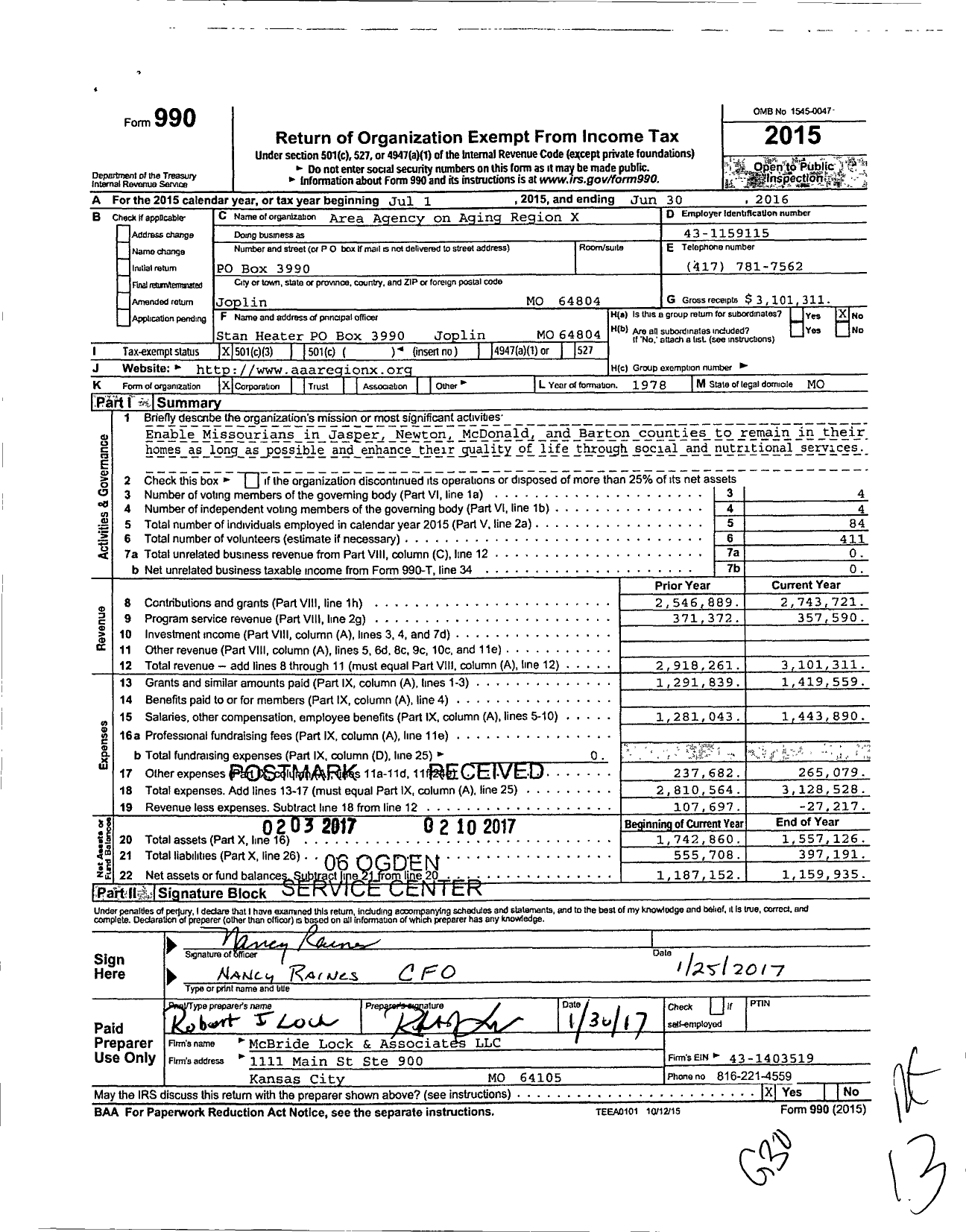 Image of first page of 2015 Form 990 for Area Agency on Aging Region X
