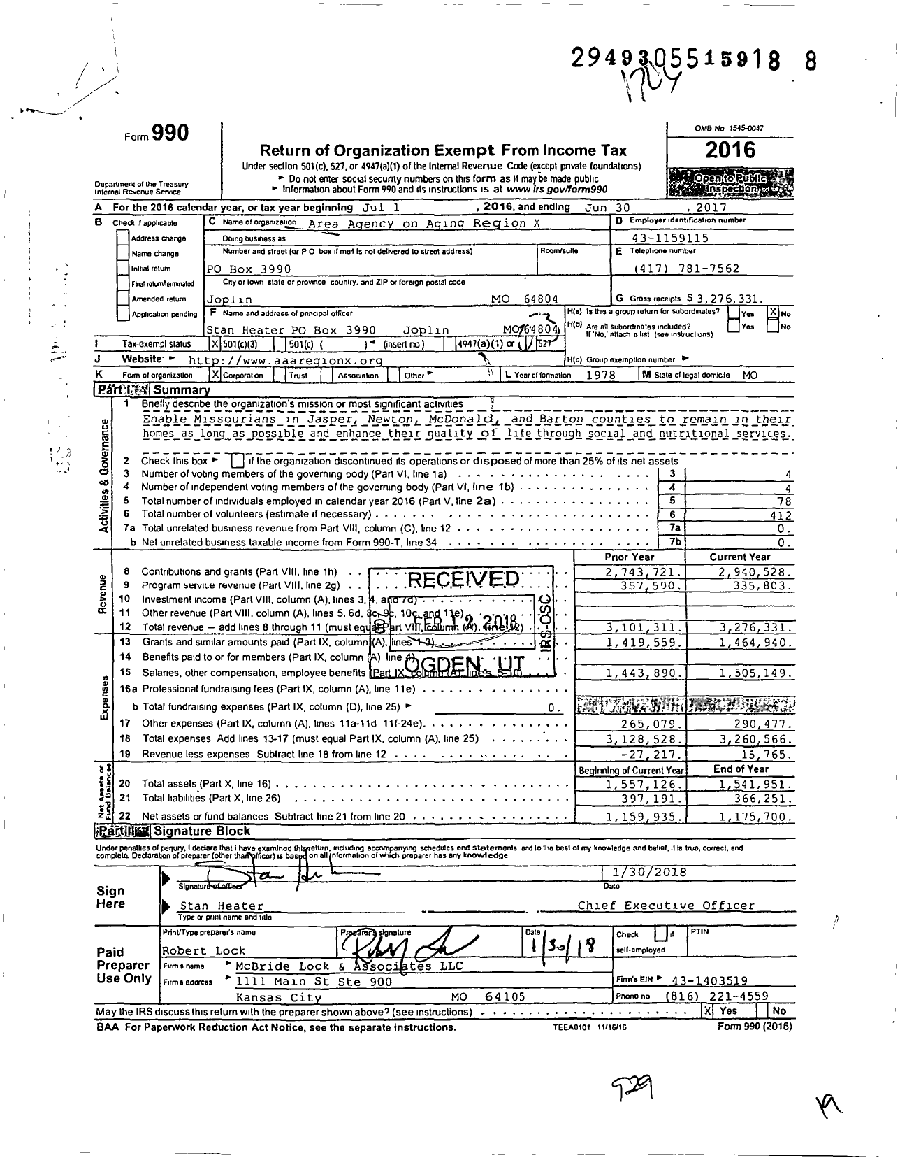 Image of first page of 2016 Form 990 for Area Agency on Aging Region X