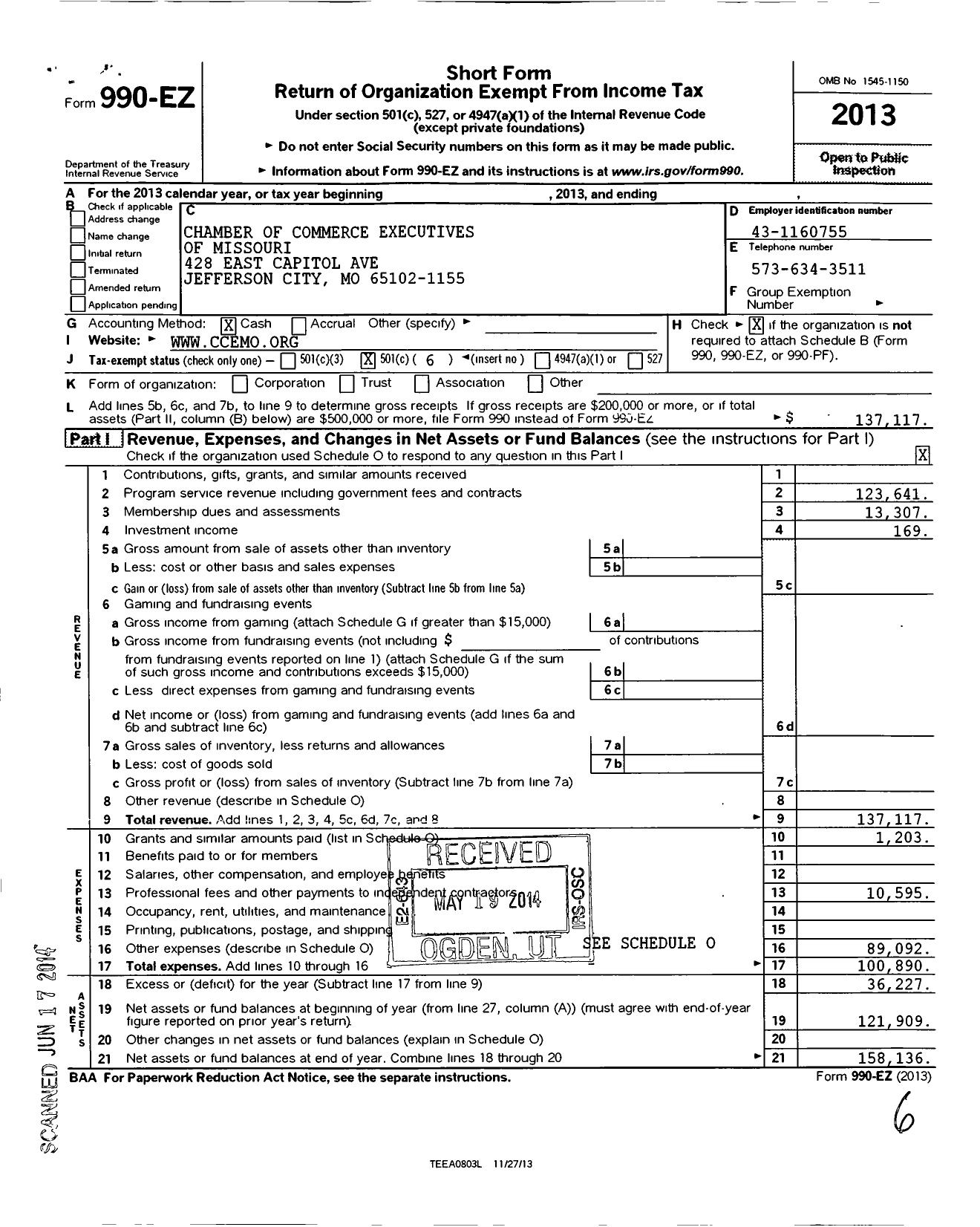 Image of first page of 2013 Form 990EO for Chamber of Commerce Executives of Missouri