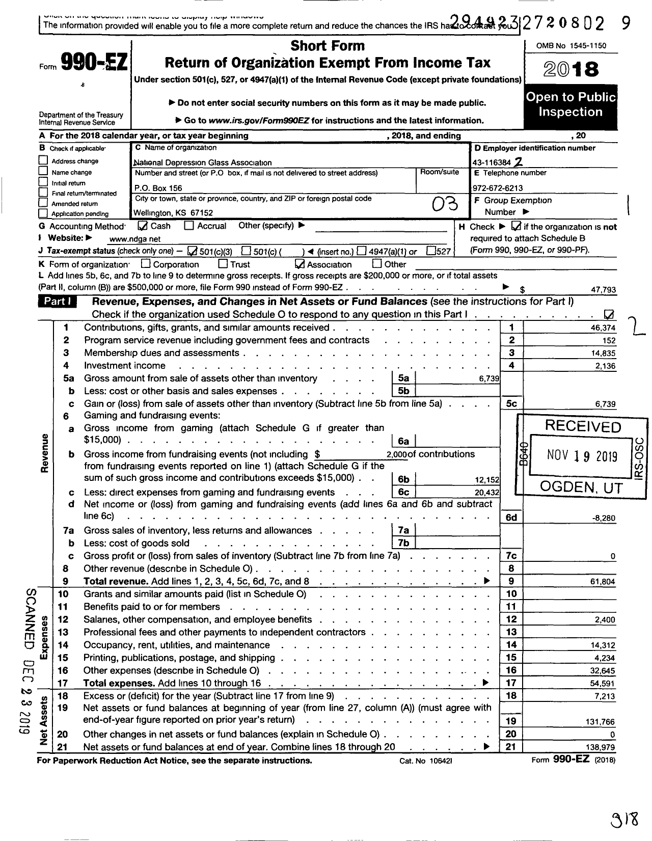 Image of first page of 2018 Form 990EZ for National Depression Glass Association