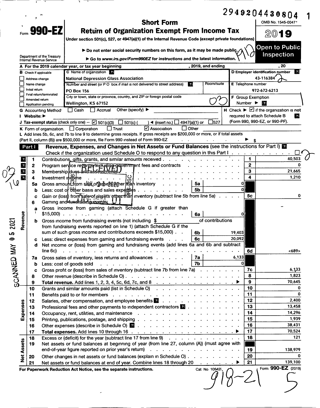 Image of first page of 2019 Form 990EZ for National Depression Glass Association