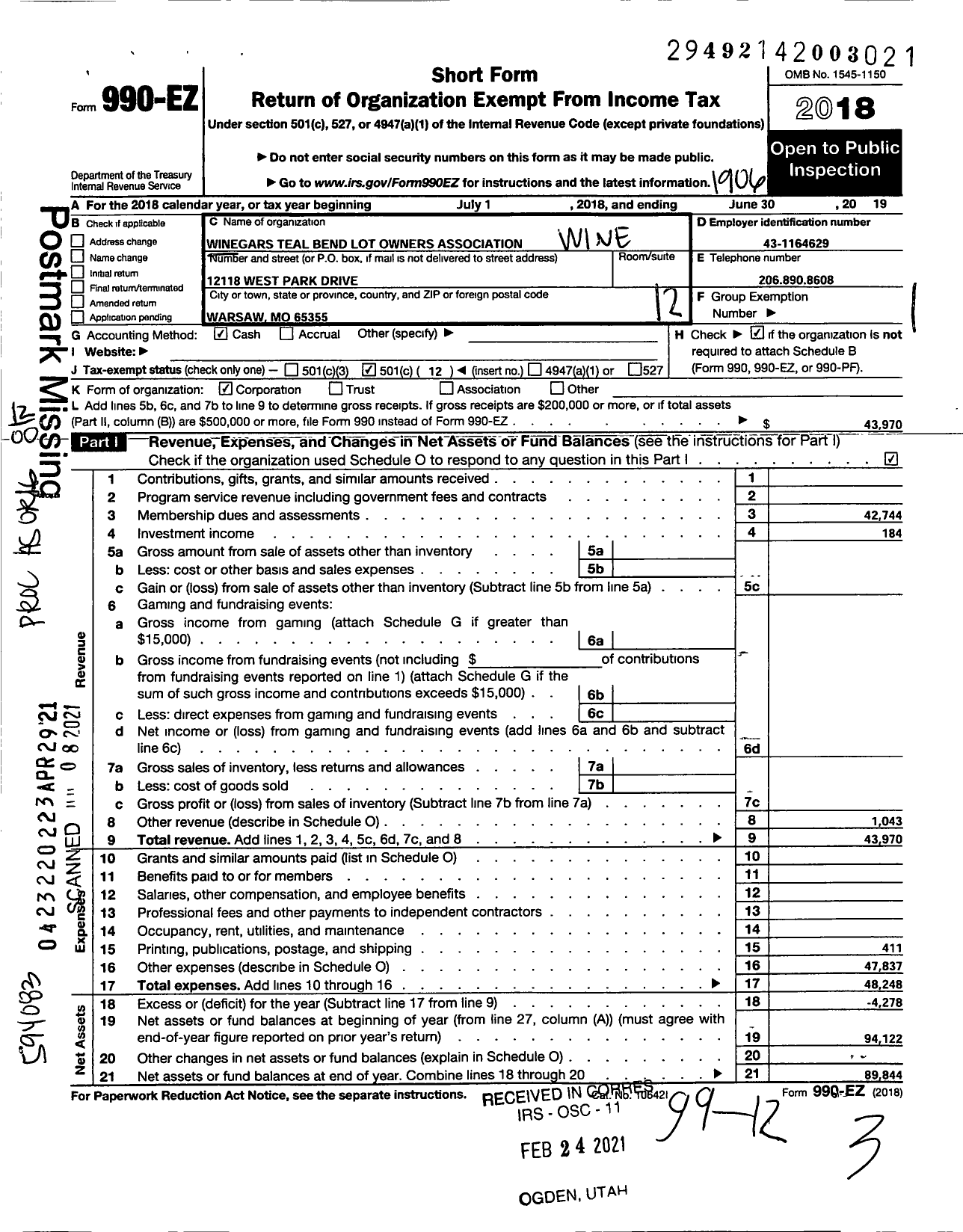 Image of first page of 2018 Form 990EO for Winegars Teal Bend Lot Owners