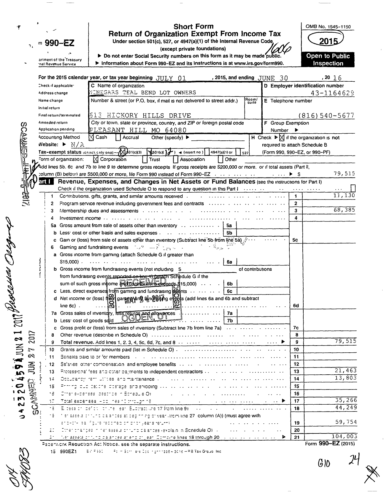 Image of first page of 2015 Form 990EO for Winegars Teal Bend Lot Owners