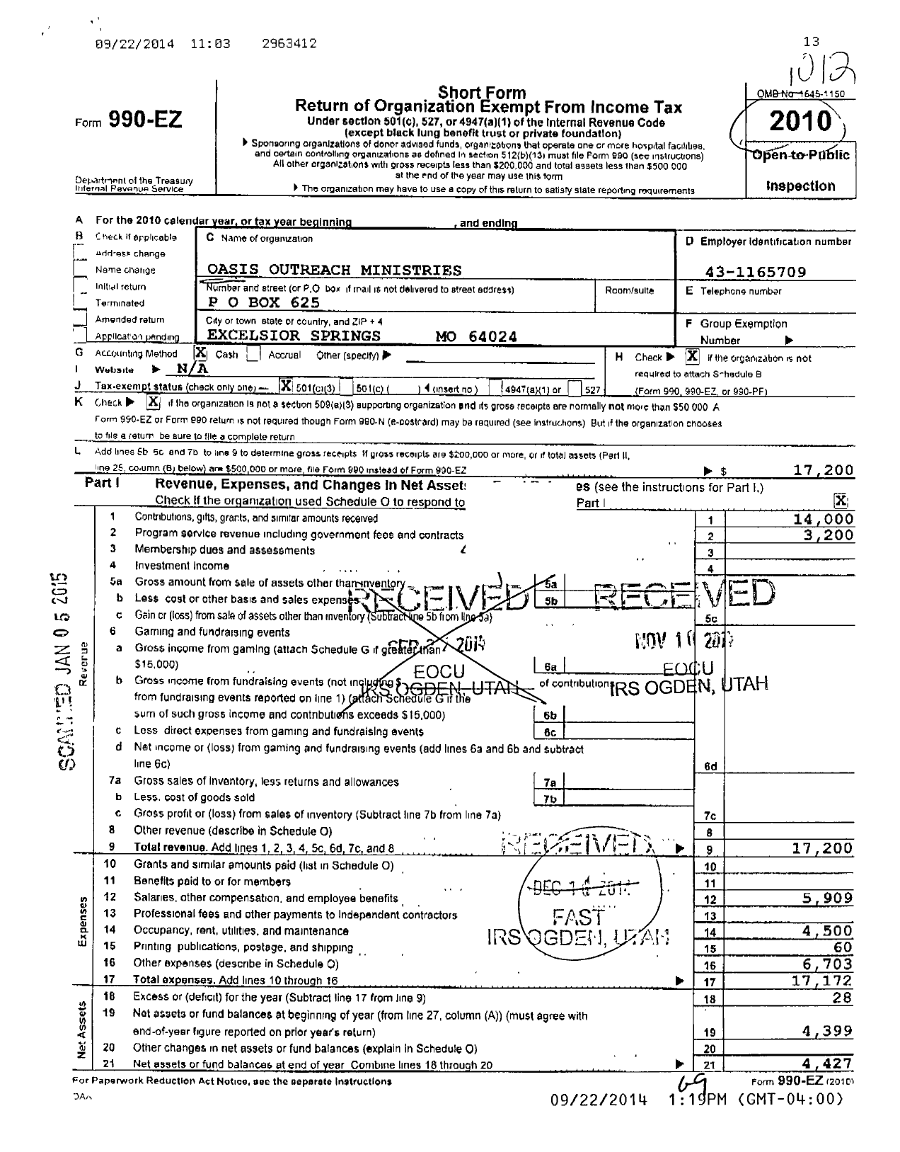 Image of first page of 2010 Form 990EZ for Oasis Outreach Ministries