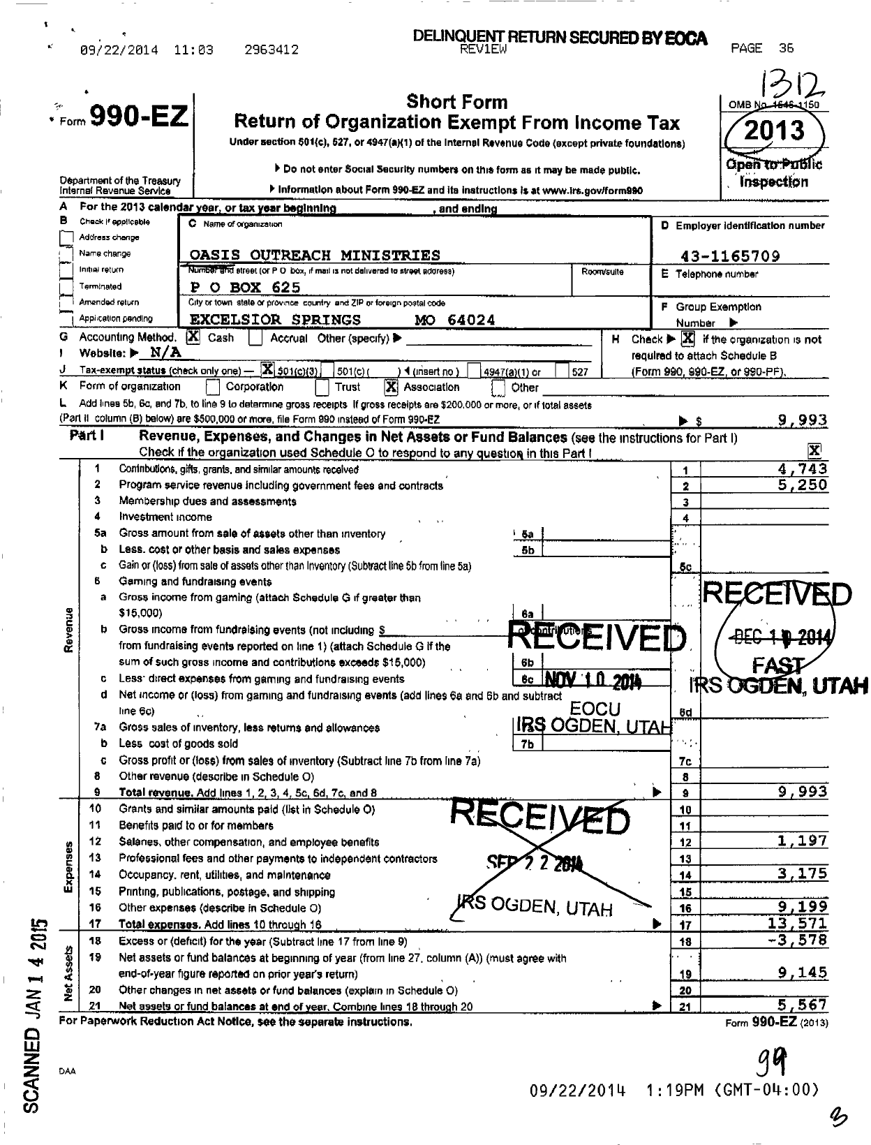 Image of first page of 2013 Form 990EZ for Oasis Outreach Ministries