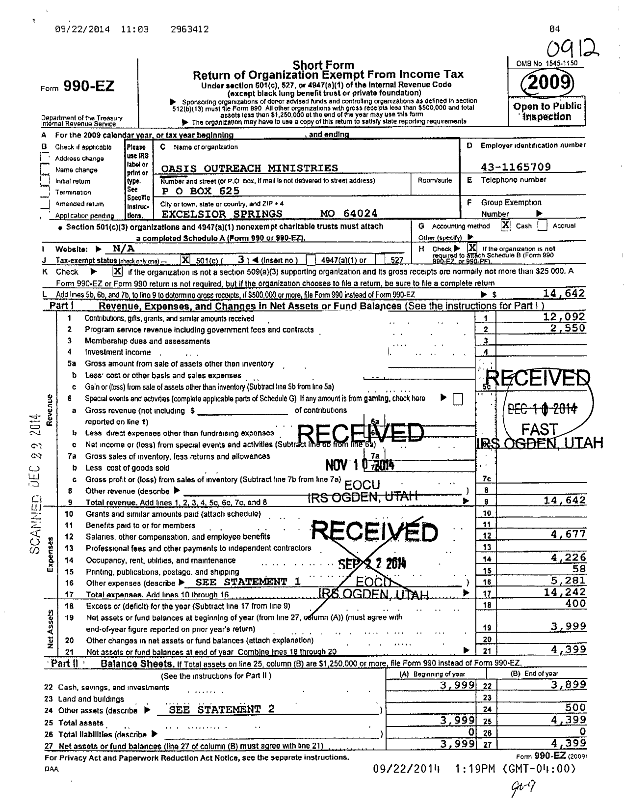 Image of first page of 2009 Form 990EZ for Oasis Outreach Ministries