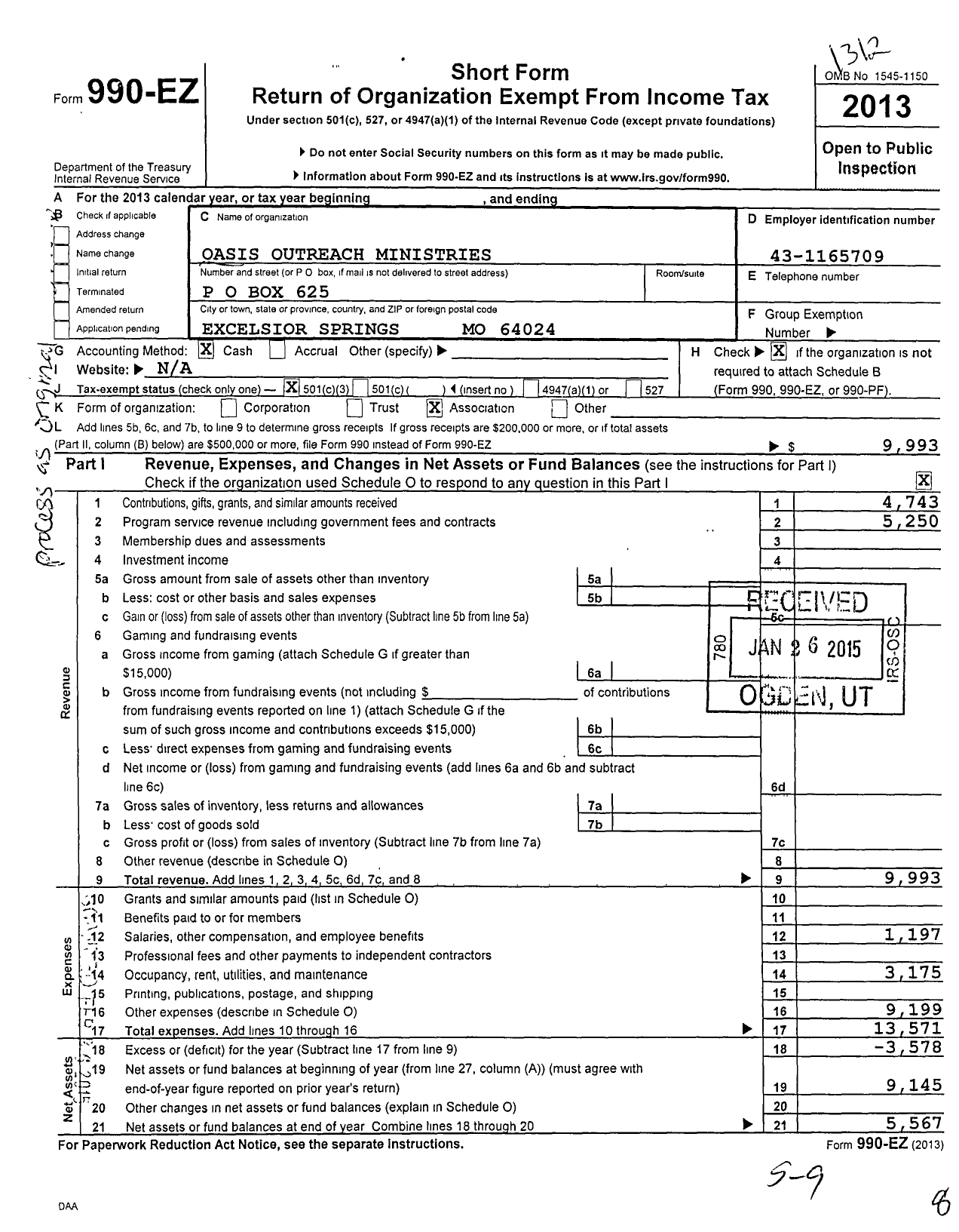 Image of first page of 2013 Form 990EZ for Oasis Outreach Ministries