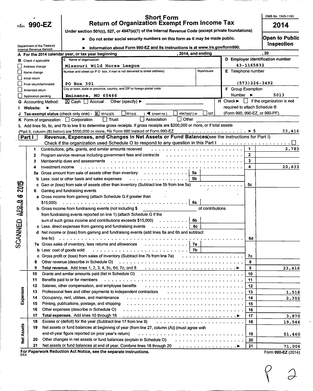 Image of first page of 2014 Form 990EZ for Missouri Wild Horse League