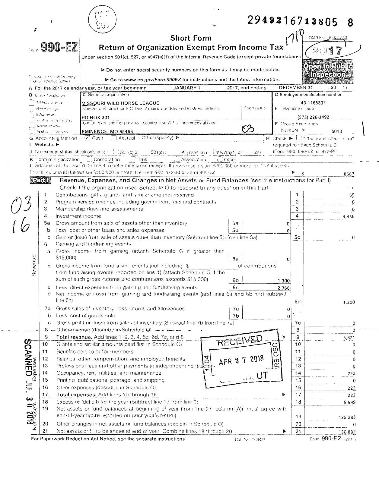 Image of first page of 2016 Form 990EZ for Missouri Wild Horse League