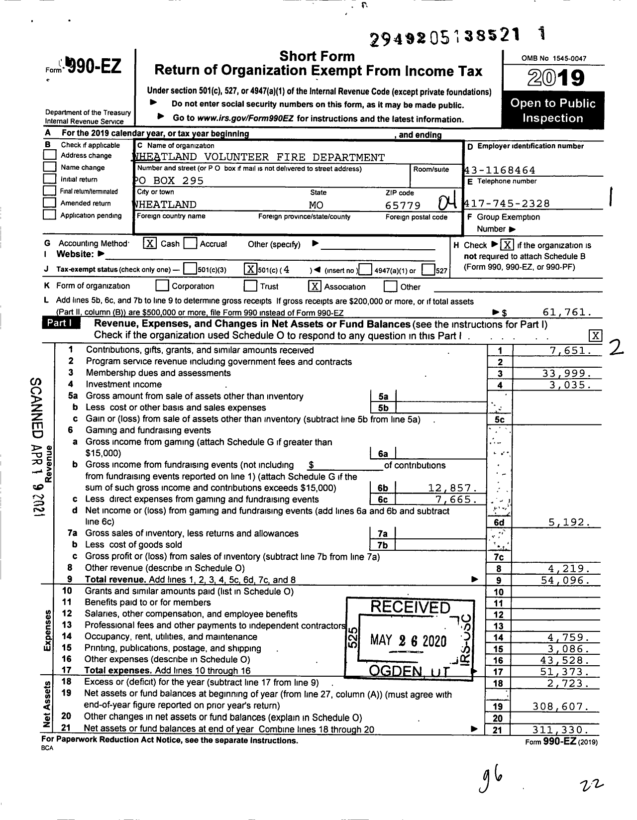 Image of first page of 2019 Form 990EO for Central Hickory Fire Rescue