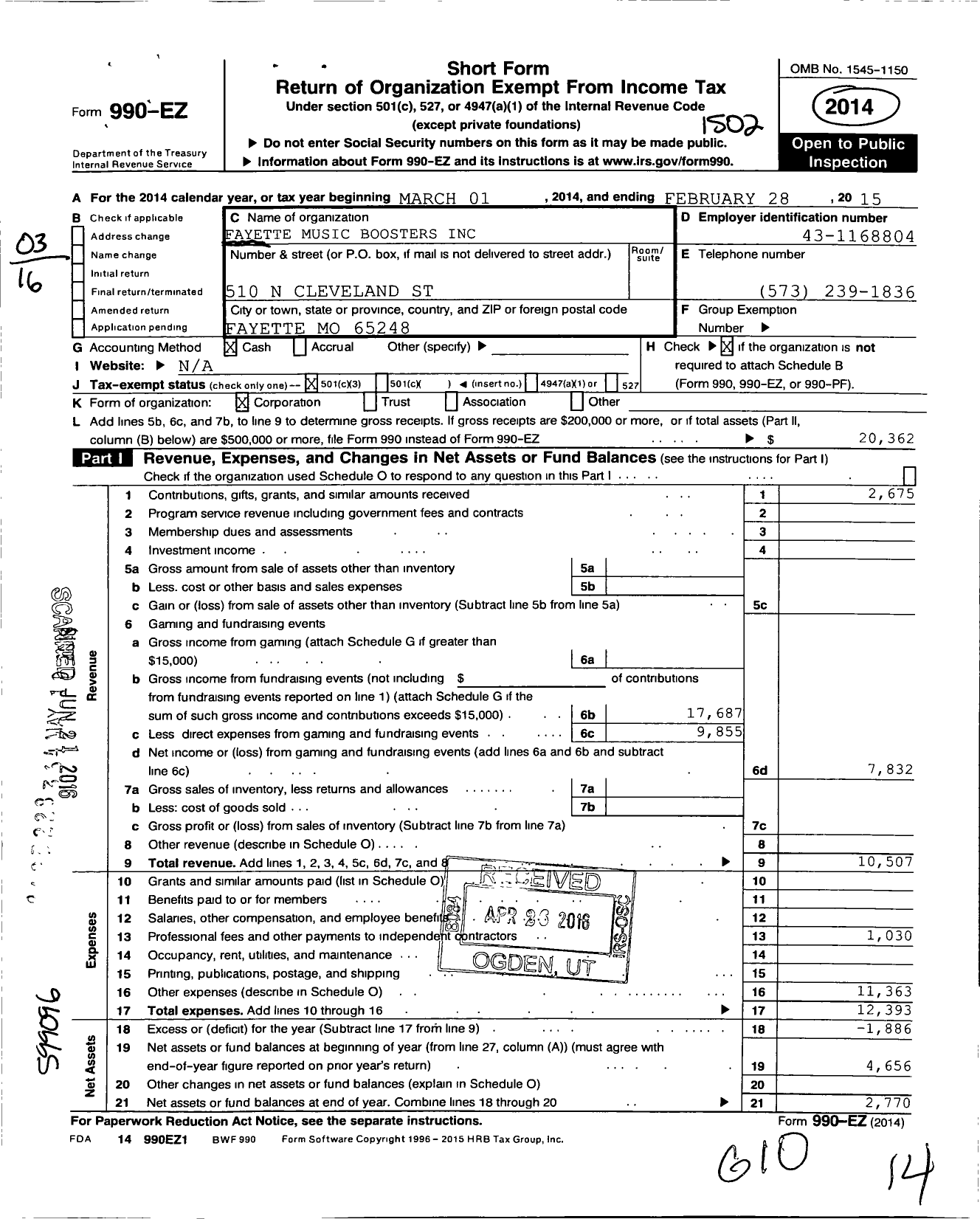 Image of first page of 2014 Form 990EZ for Fayette Music Boosters