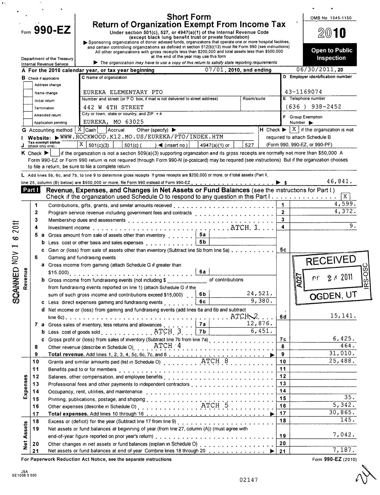 Image of first page of 2010 Form 990EZ for Rockwood Parent Teacher Organization Council / Eureka Elementary Pto