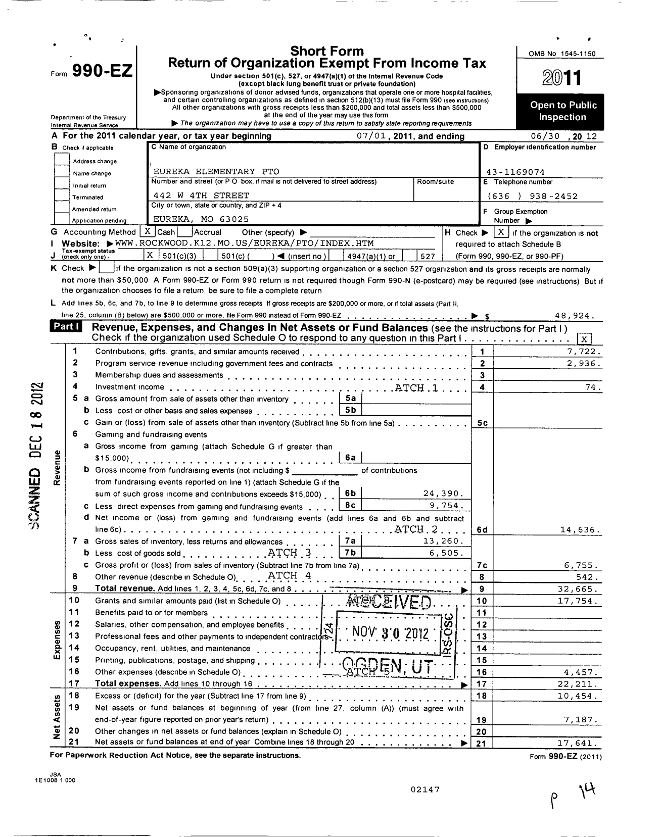 Image of first page of 2011 Form 990EZ for Rockwood Parent Teacher Organization Council / Eureka Elementary Pto